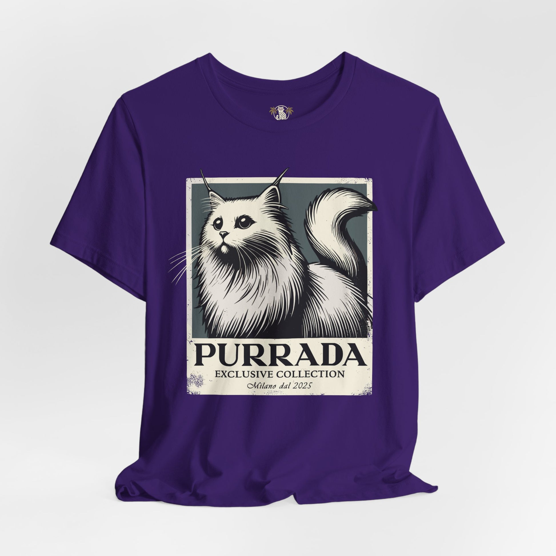 Team purple Purrada Exclusive Milano Cat Graphic T Shirt, front view, graphic tees cats unisex