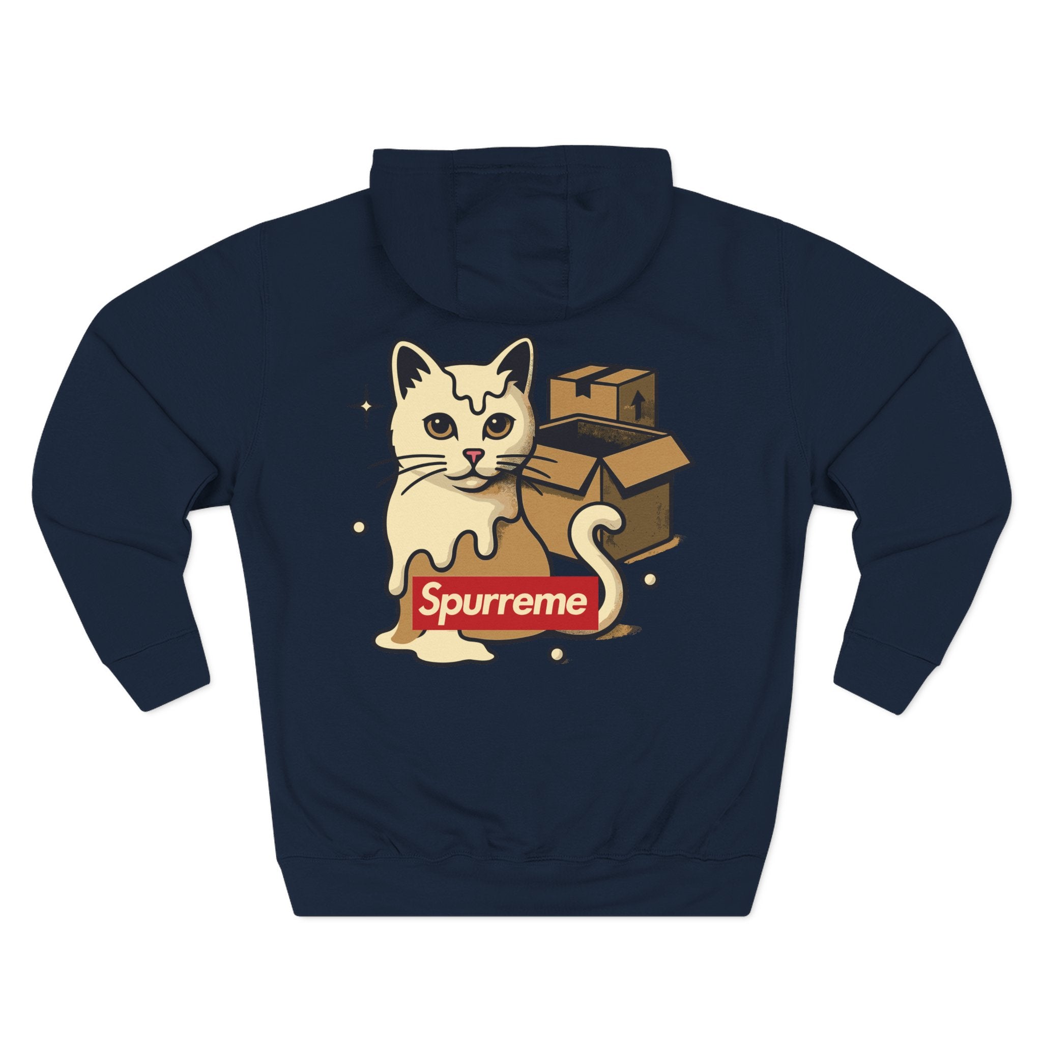 Back view Spurreme Box Addict Cat Graphic Hoodie in Navy Blue color stylish cat lover hoodie gift