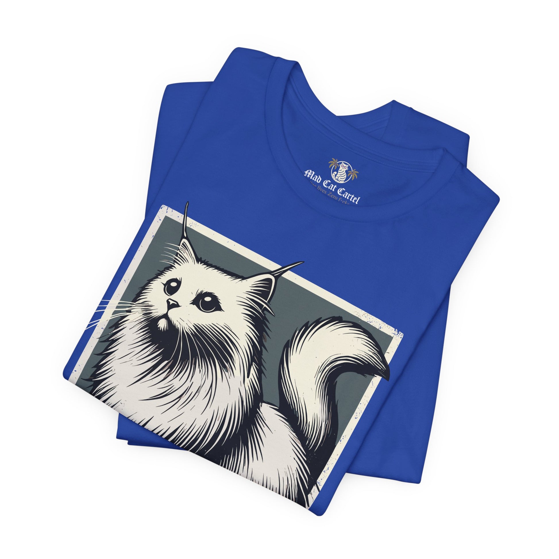 Folded true royal blue Purrada Exclusive Milano Cat Graphic T Shirt, cat t shirts for guys