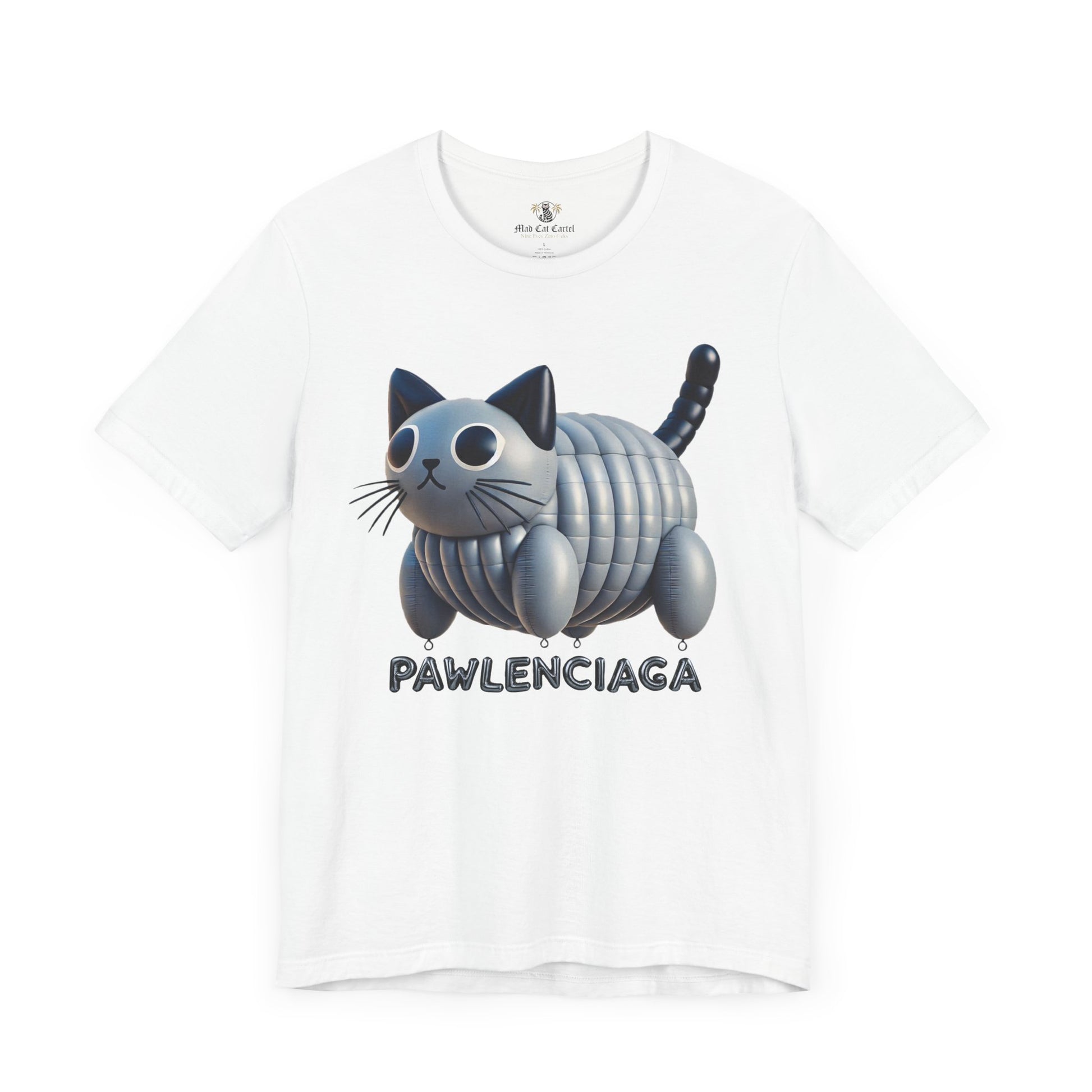 White Pawlenciaga Cat Balloon Graphic T Shirt flat lay funny cat shirts for women