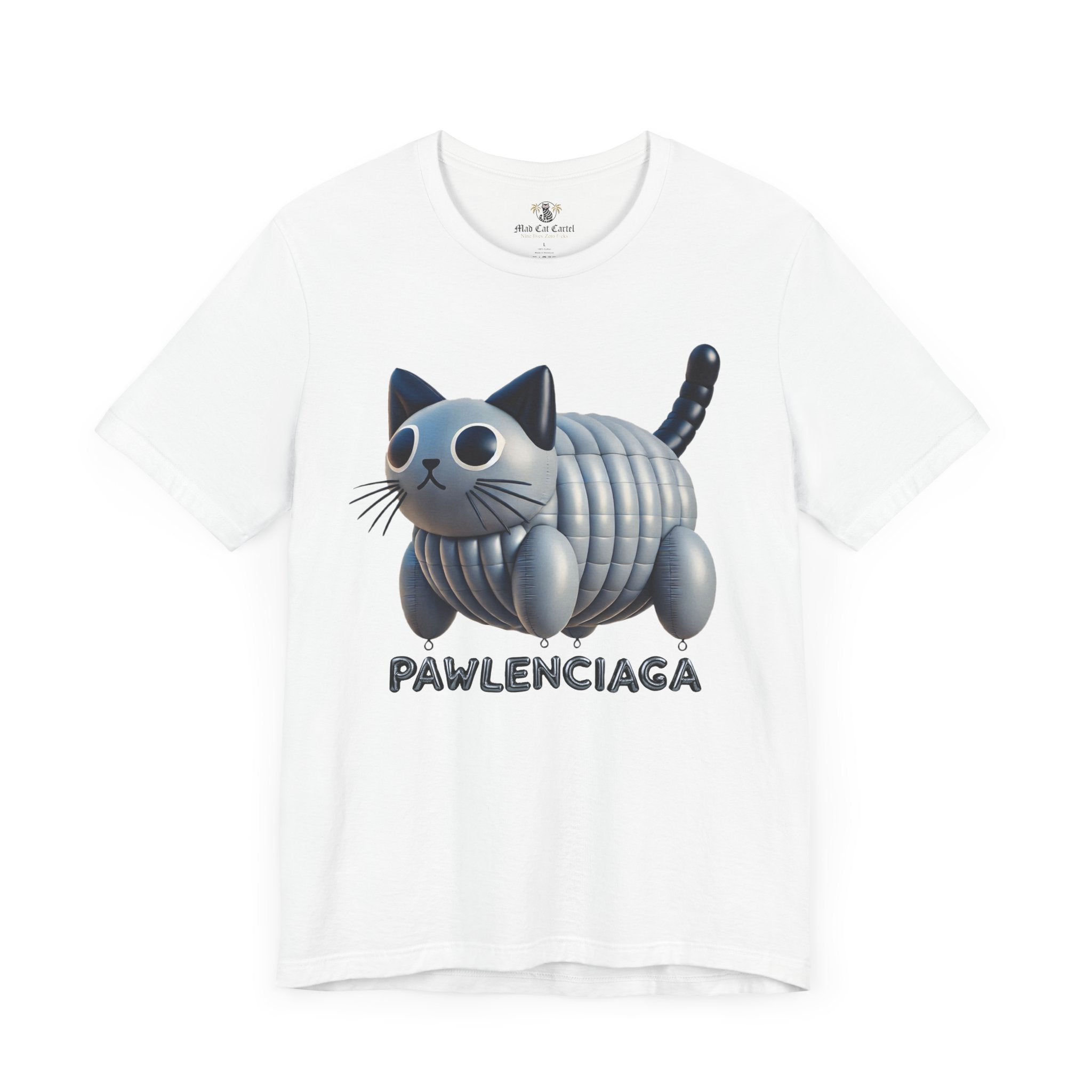 White Pawlenciaga Cat Balloon Graphic T Shirt flat lay funny cat shirts for women