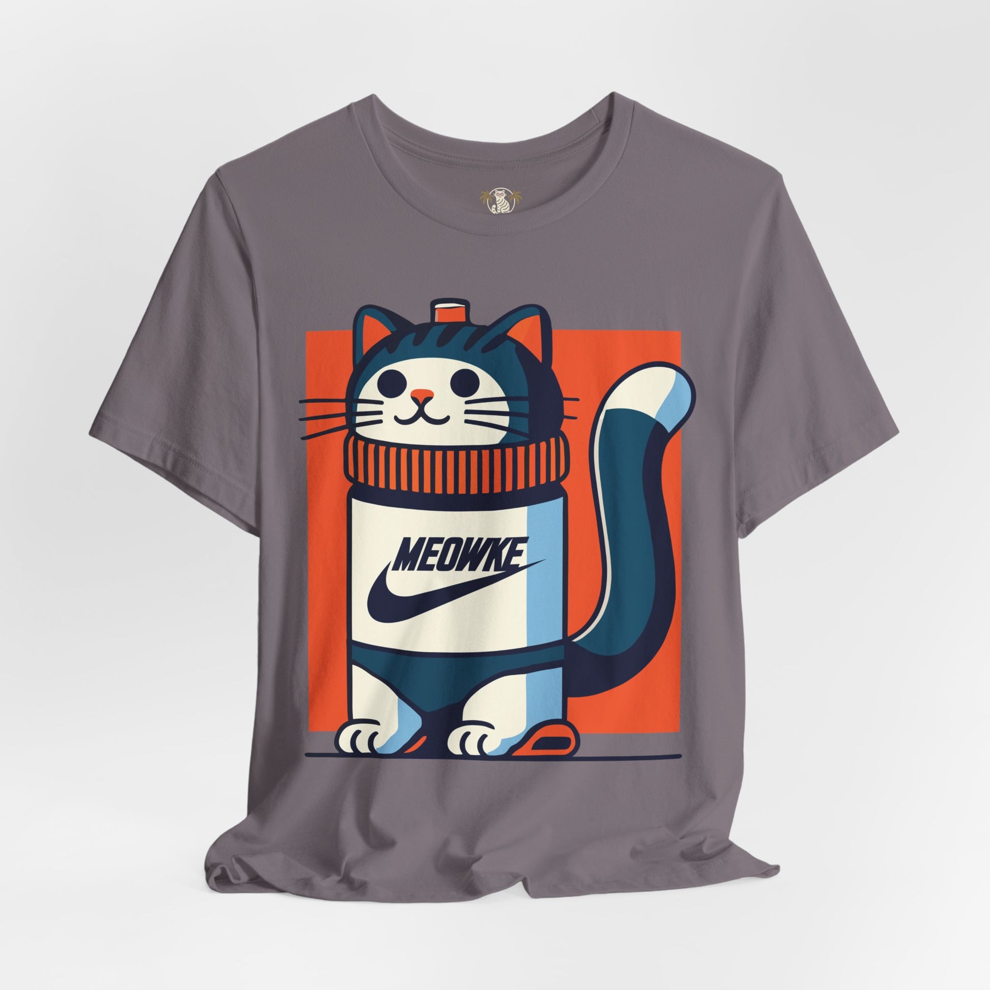 Things to get cat lovers – storm grey unisex tee, front view, Meowke Swoosh bottle cat print