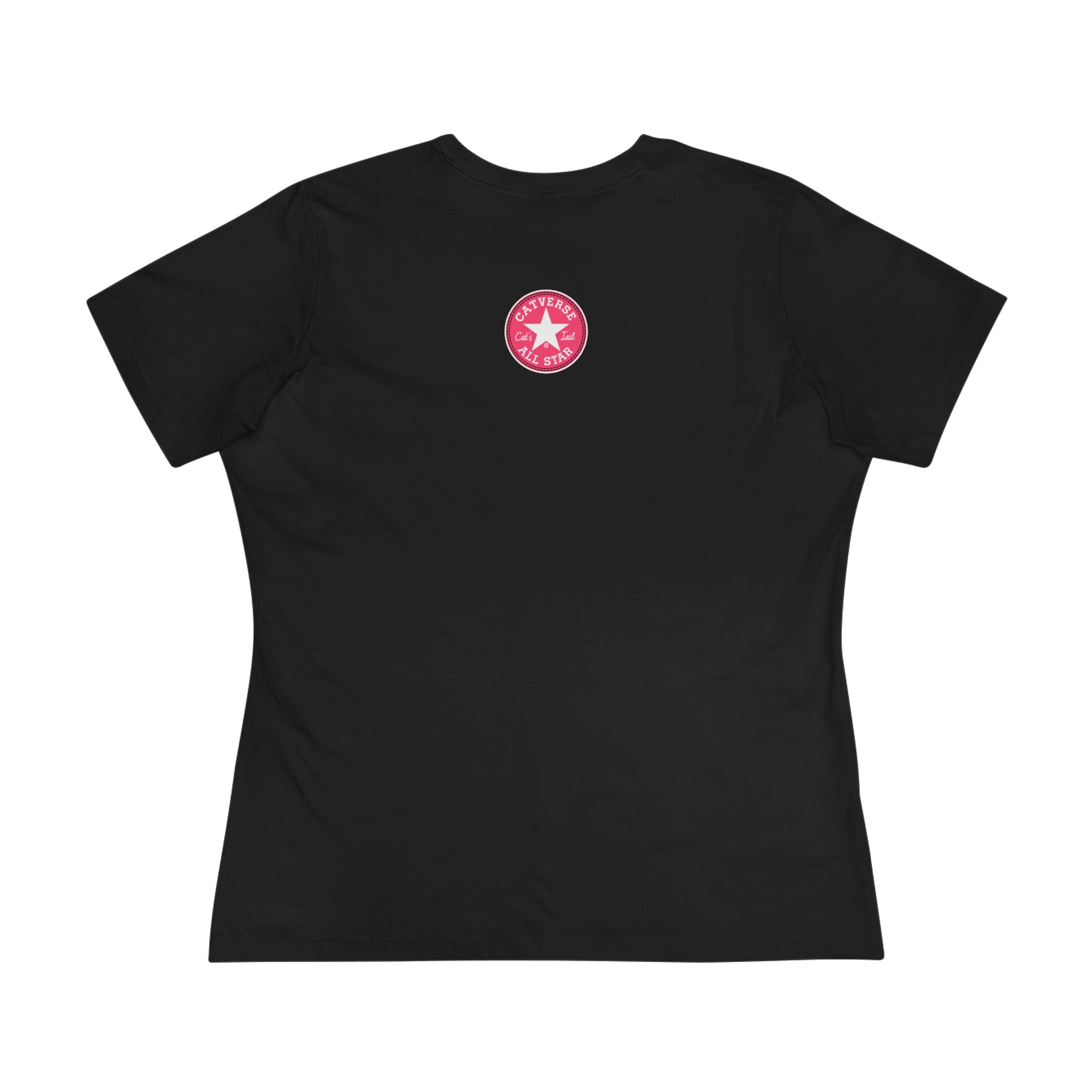 Black Catverse Pinkbot tee back view with mini logo, funny shirts for men, tee shirts with cats