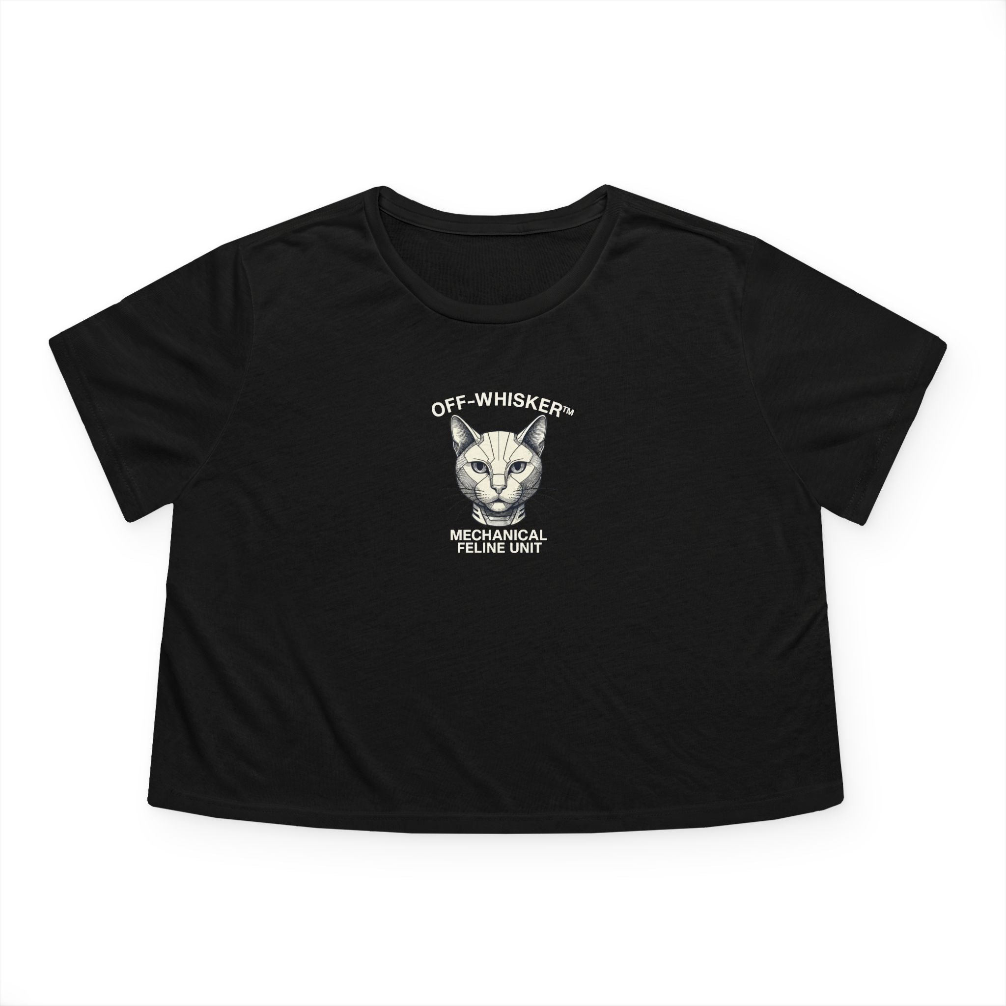 Off-Whisker Mechanical Feline Unit Graphic Women's Flowy Crop Top Black, cat themed shirts front view