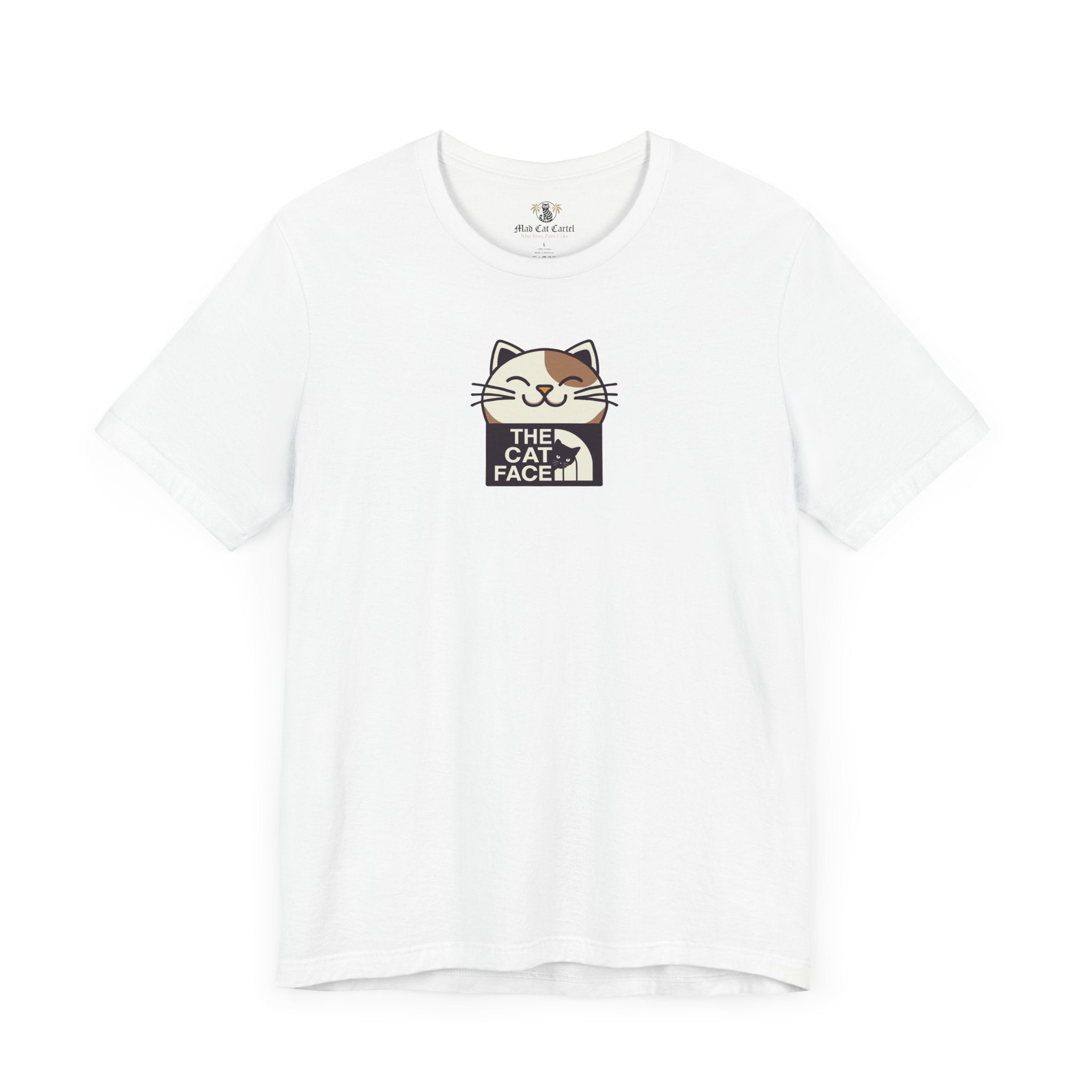 The Cat Face Winking Cat Logo Graphic T-Shirt White – unisex cat face shirt flat lay front