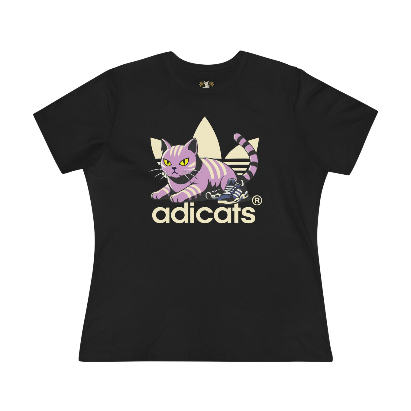 Black Adicats Street Prowler Women’s Graphic T Shirt for cat lovers flat lay front