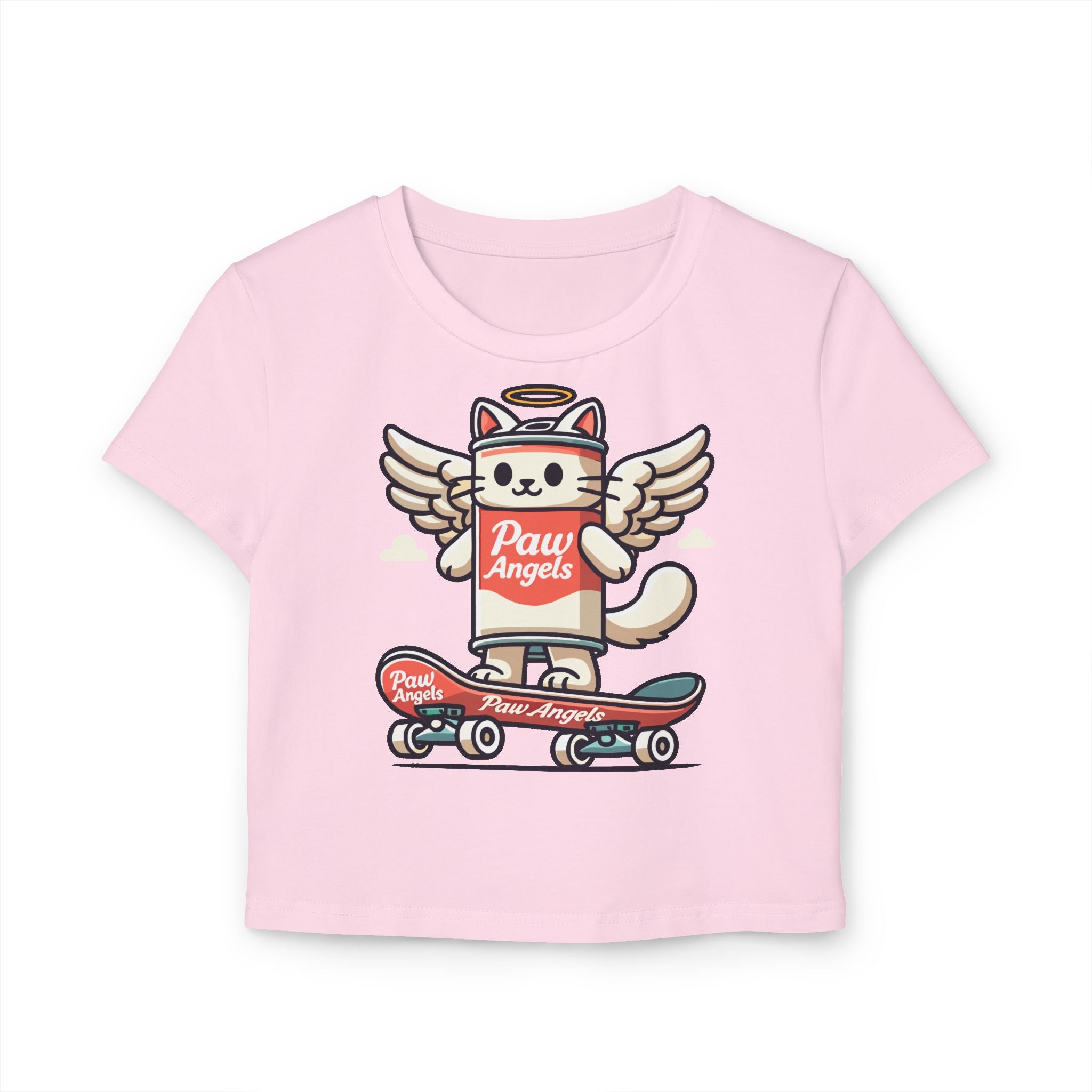 Paw Angels Spray Cat Graphic Women's Baby Tee, crop top in pink, front view