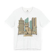 Cat themed shirts for men and women – white unisex tee, front view, Meowschino city cat statue graphic print