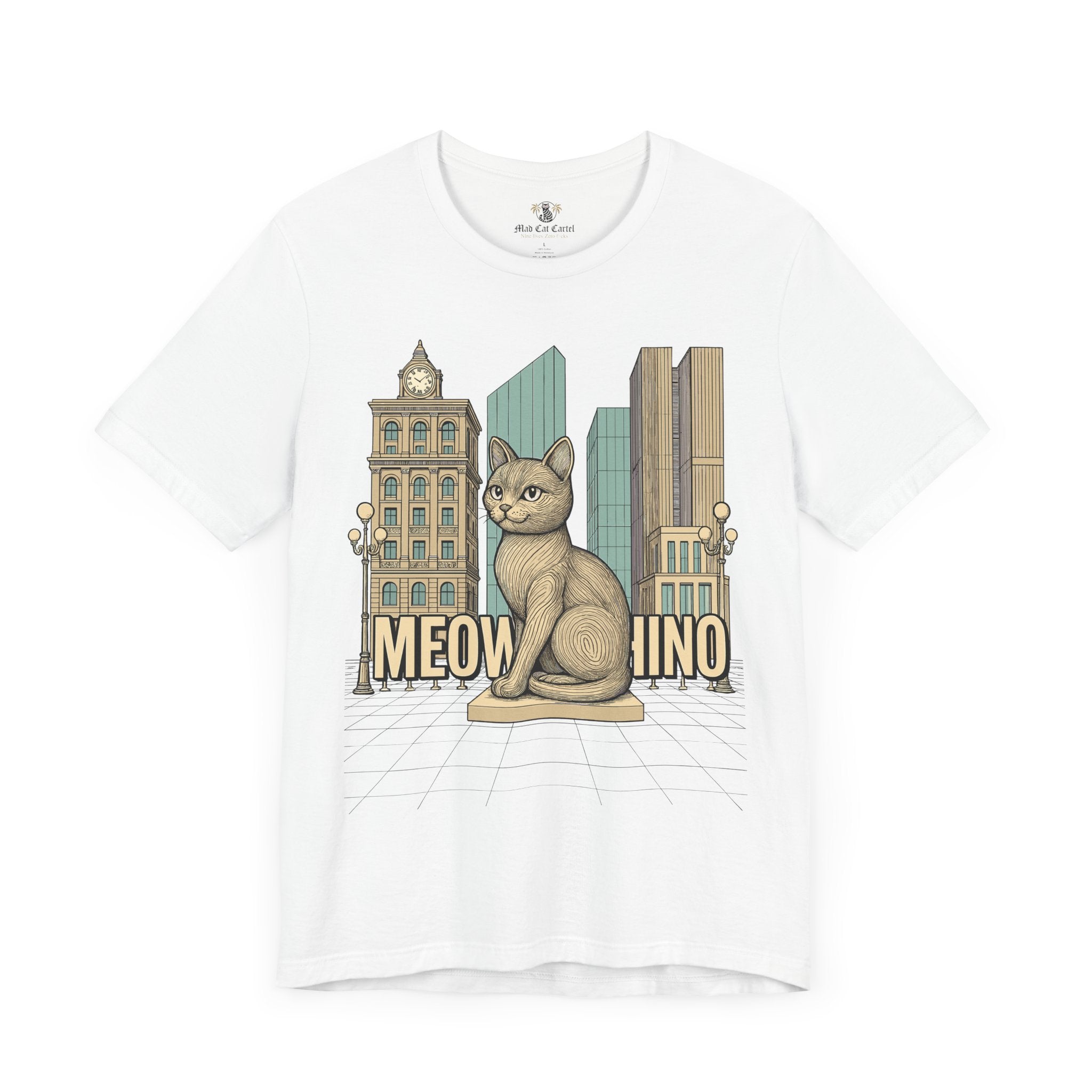 Cat themed shirts for men and women – white unisex tee, front view, Meowschino city cat statue graphic print