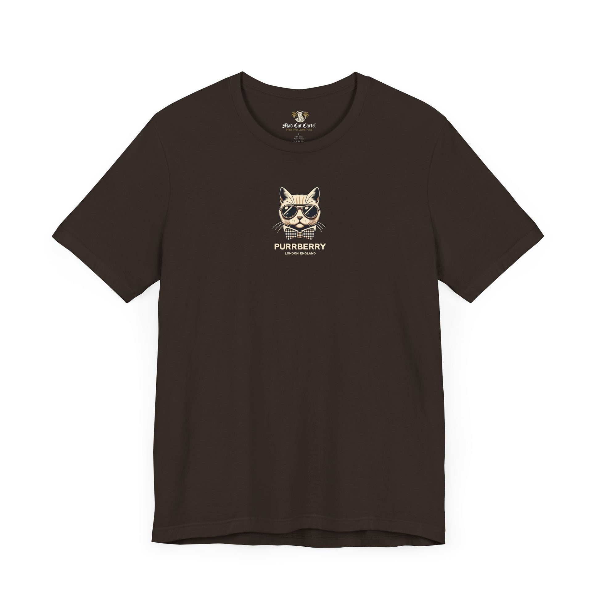purrberry london mini crest cat graphic t shirt brown front view cat lover shirts