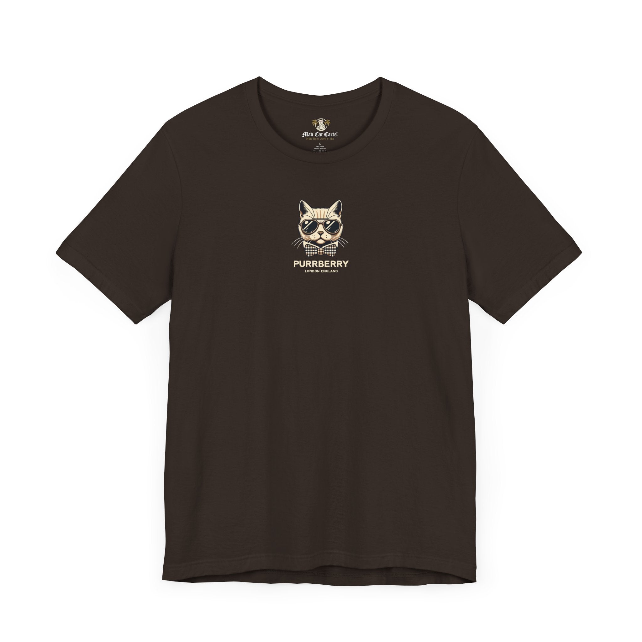 purrberry london mini crest cat graphic t shirt brown front view cat lover shirts