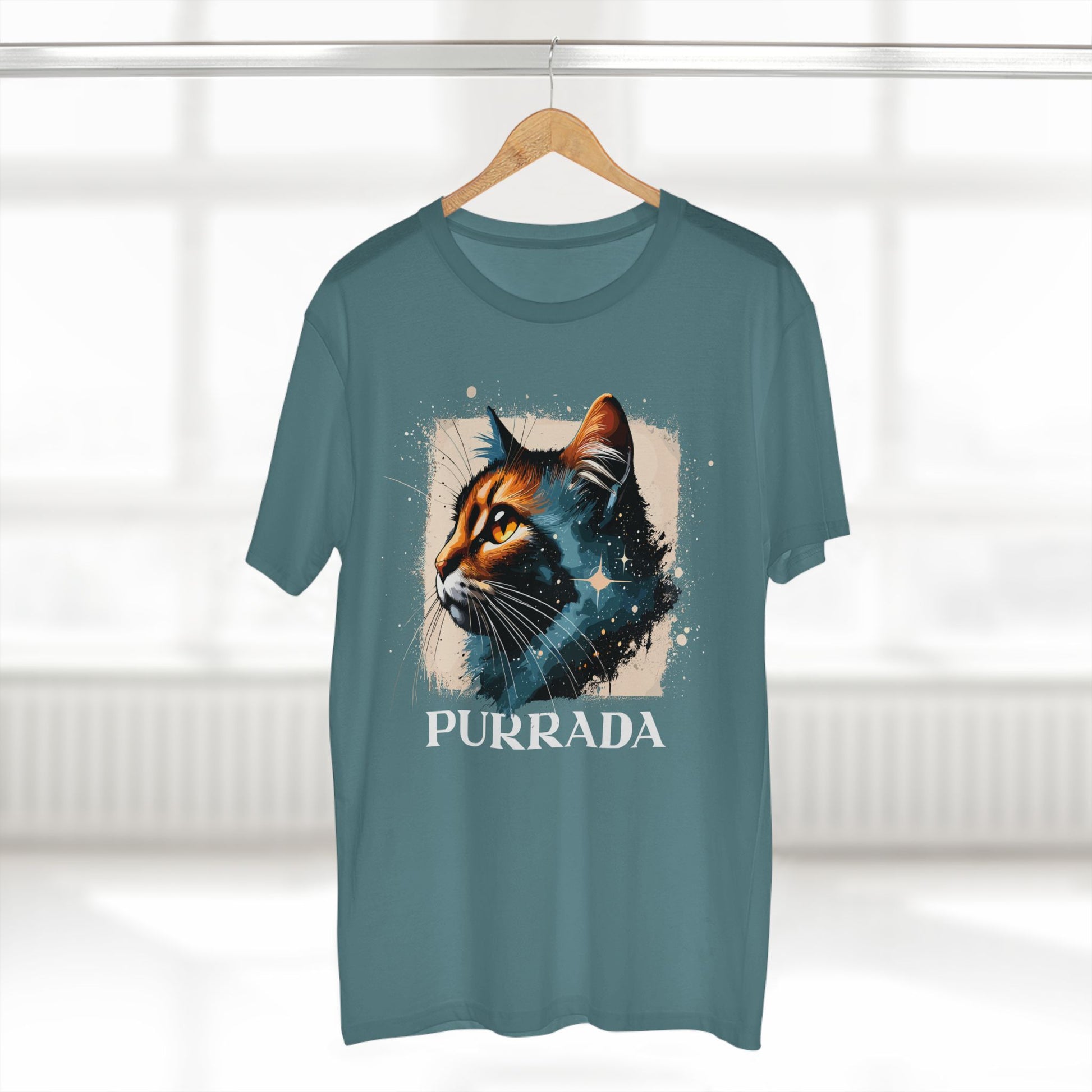 Slate blue Purrada Cosmic Gaze Cat Graphic T Shirt on hanger, cat t shirt for women and men