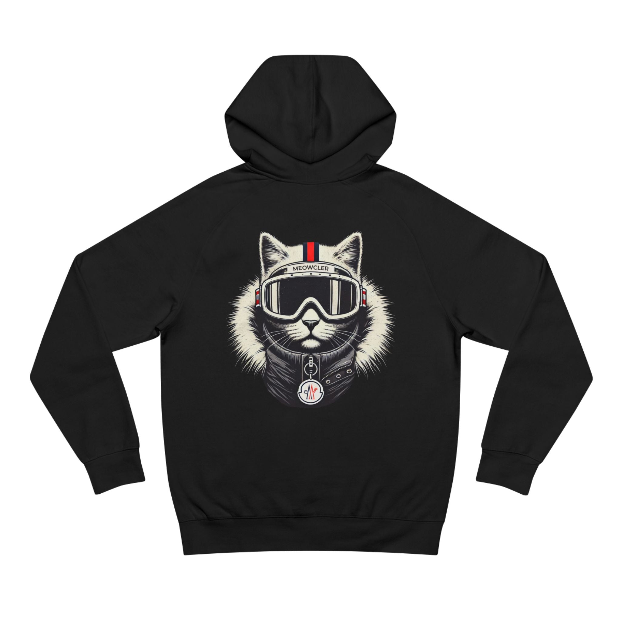 Back view of Meowcler black hoodie with ski cat design, cat graphic black hoodie
