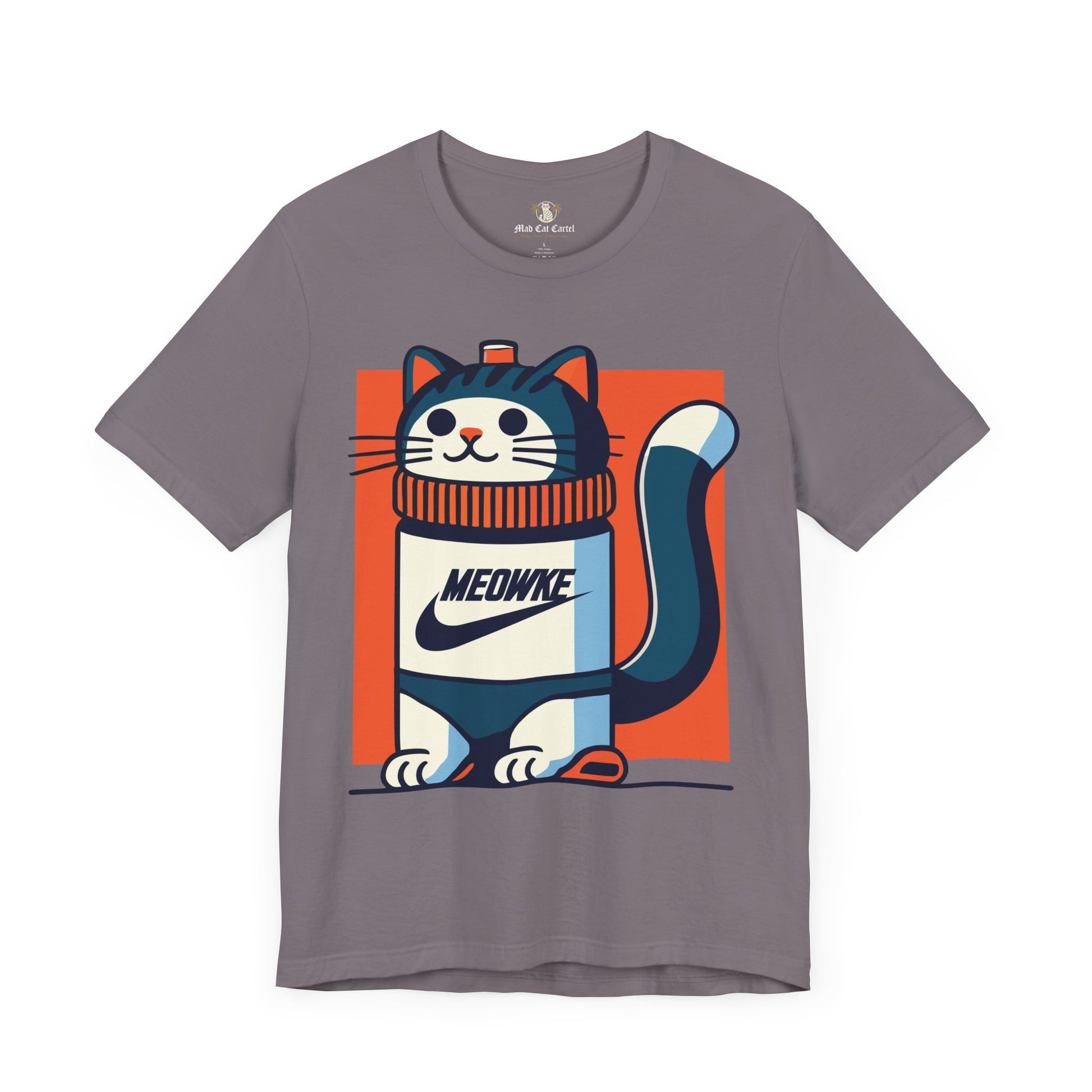 Funny cat shirts for men – storm grey unisex tee, front view, Meowke Swoosh cartoon cat holding bottle