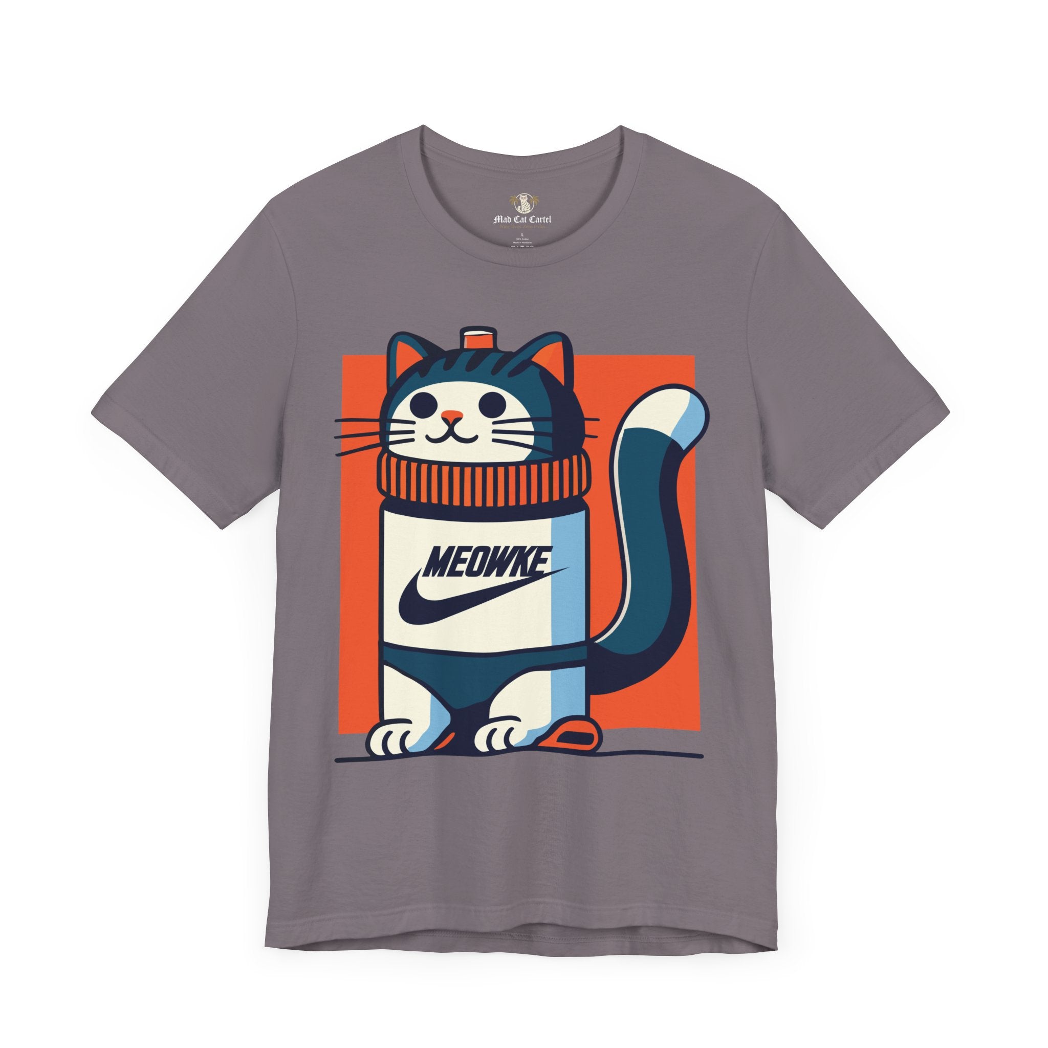 Funny cat shirts for men – storm grey unisex tee, front view, Meowke Swoosh cartoon cat holding bottle