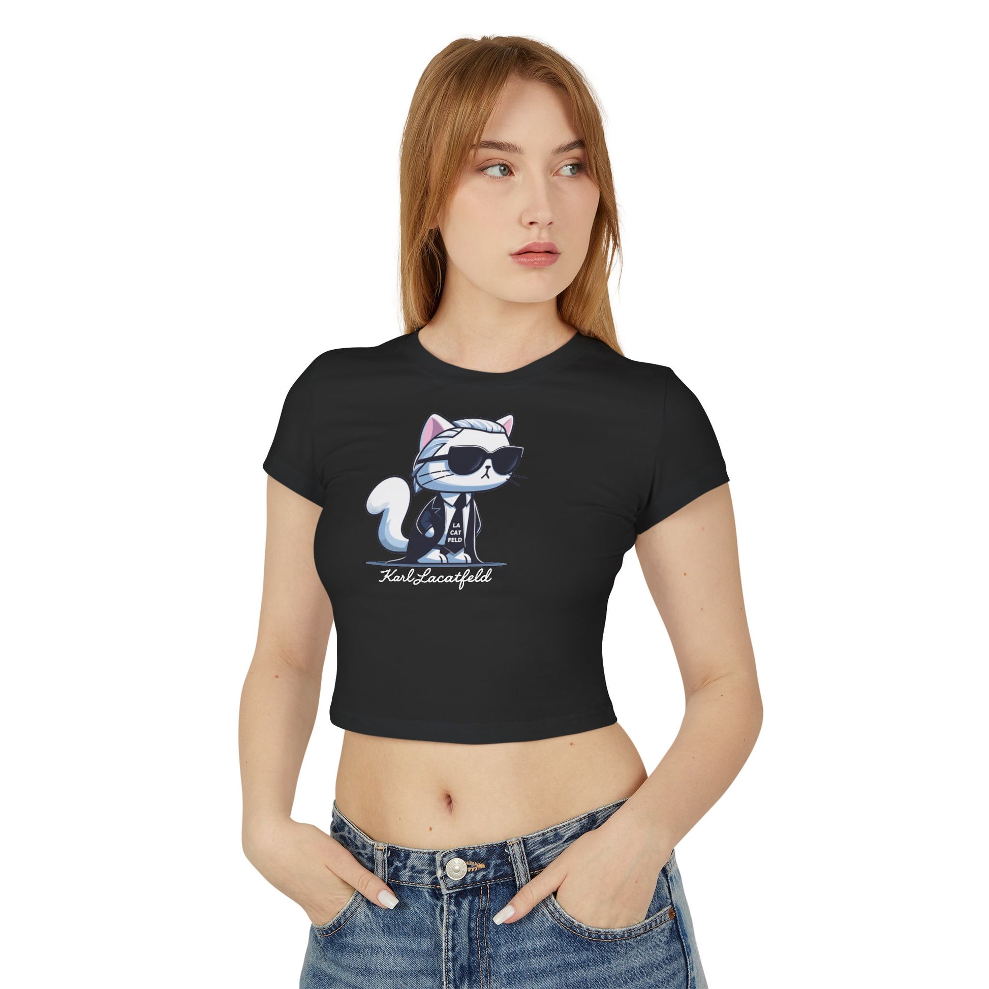 Model wearing Karl Lacatfeld Executive Meow Icon Women’s Black Baby Tee