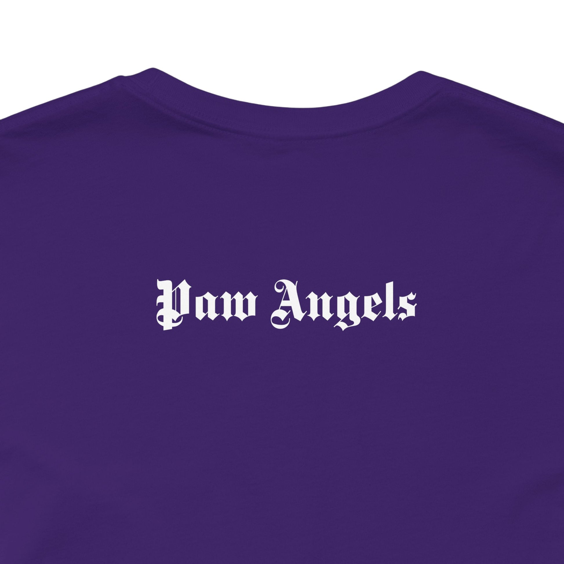 Team Purple t shirt with “Paw Angels” back print – men’s cat shirt