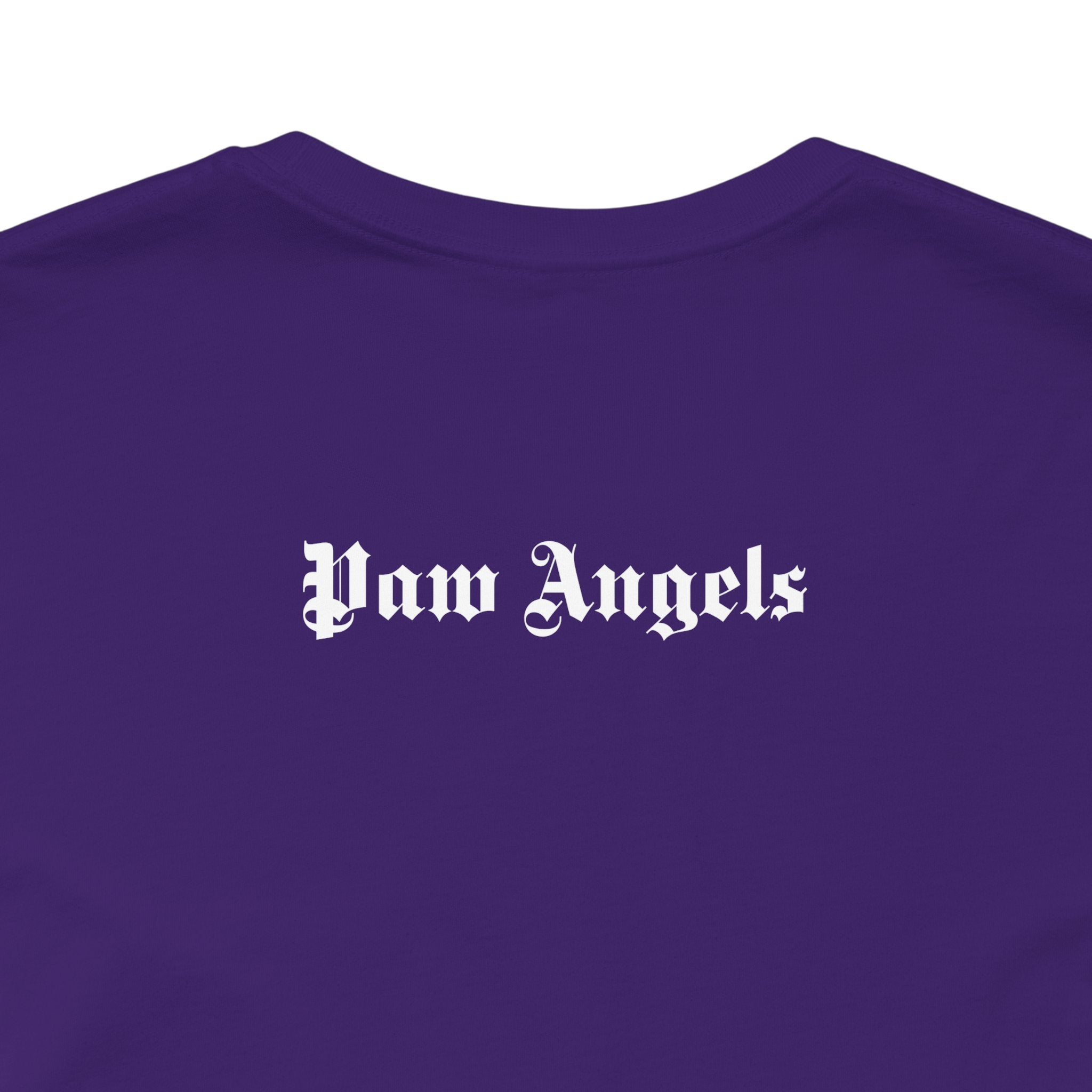 Team Purple t shirt with “Paw Angels” back print – men’s cat shirt