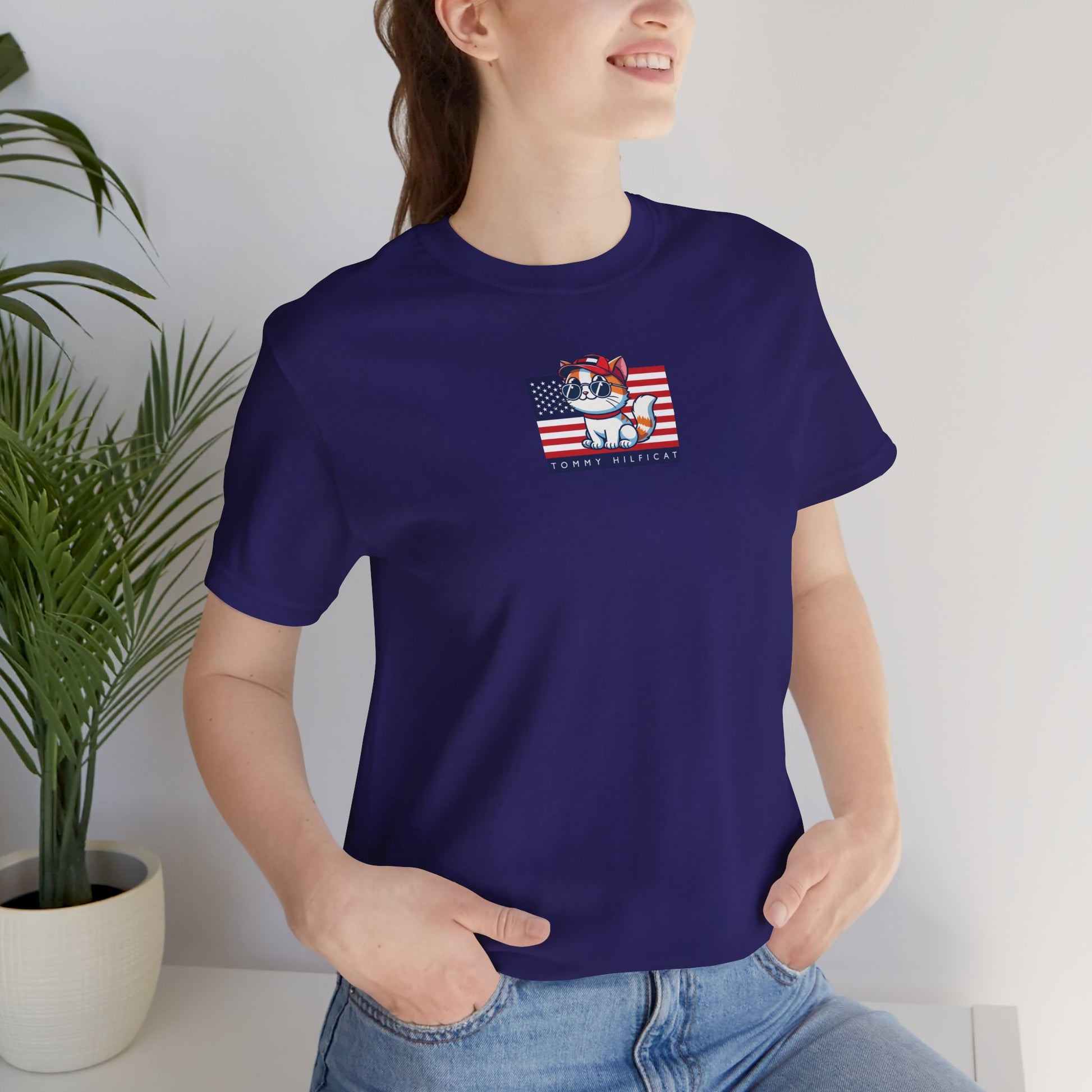 female model wearing Team Navy Tommy Hilficat Cat Graphic T Shirt, cat shirts for guys