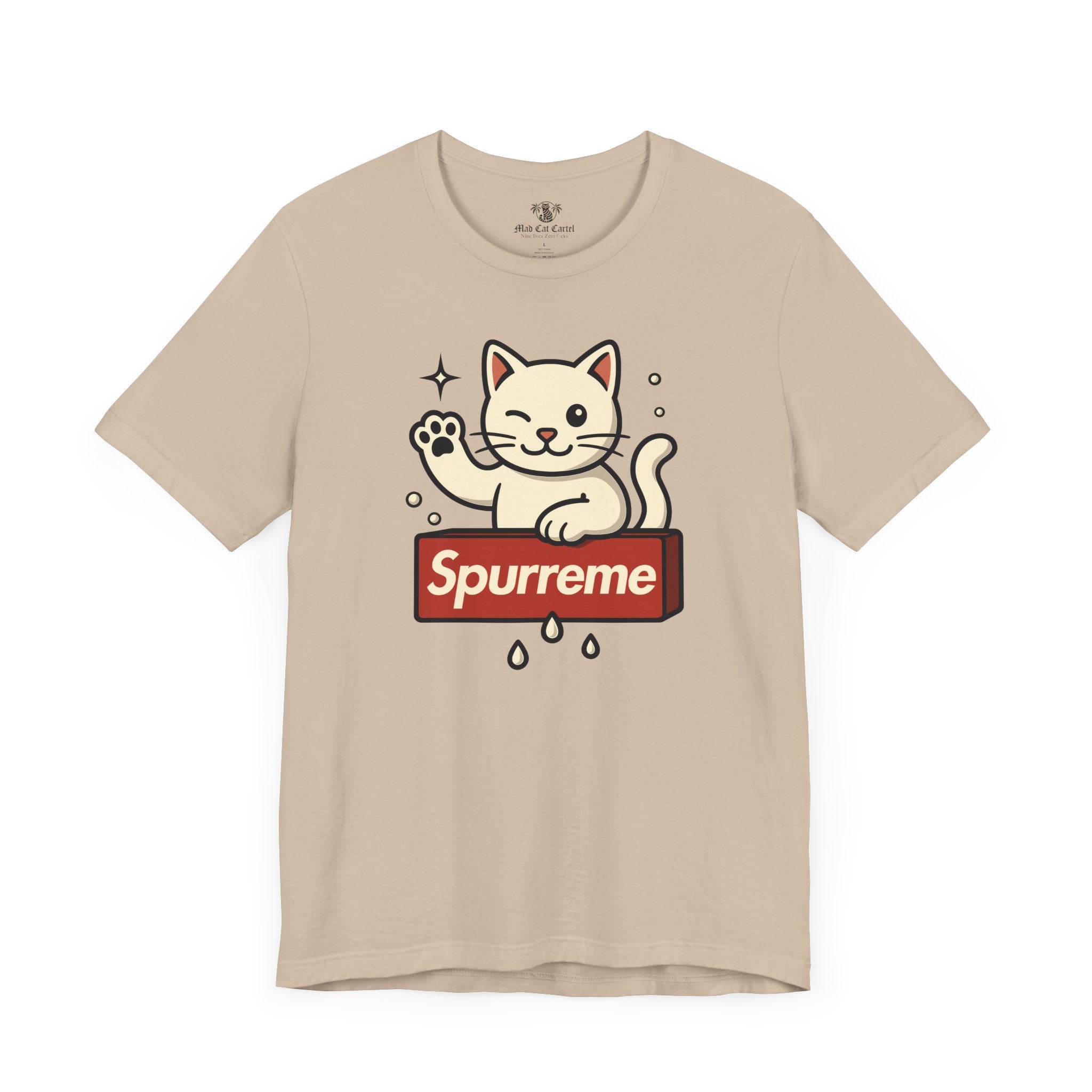 Tan t shirt front flat lay Spurreme Lucky Cat Box Logo Graphic