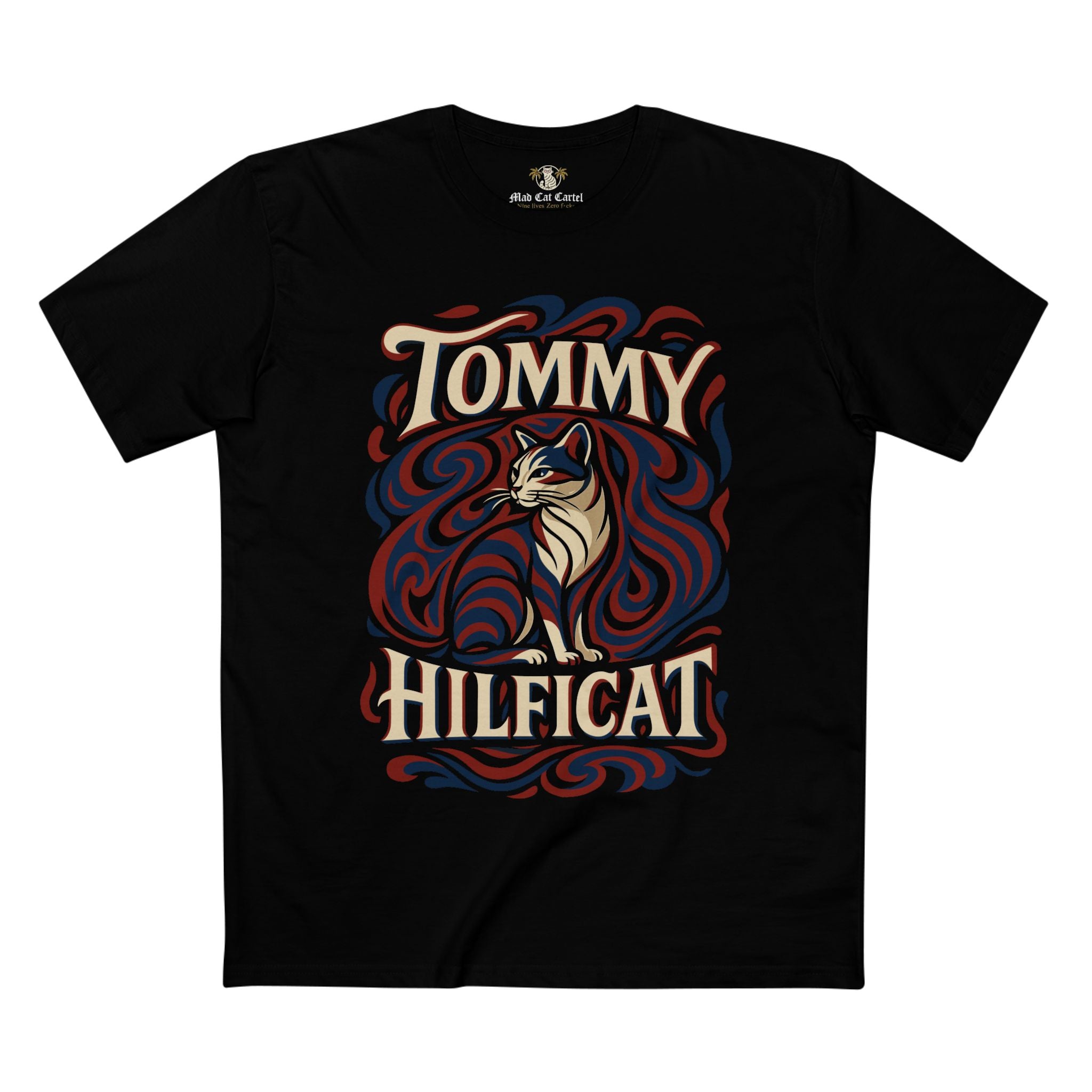 Tommy Hilficat Swirl Statement Cat Graphic T-Shirt Black – cat themed clothing flat lay front