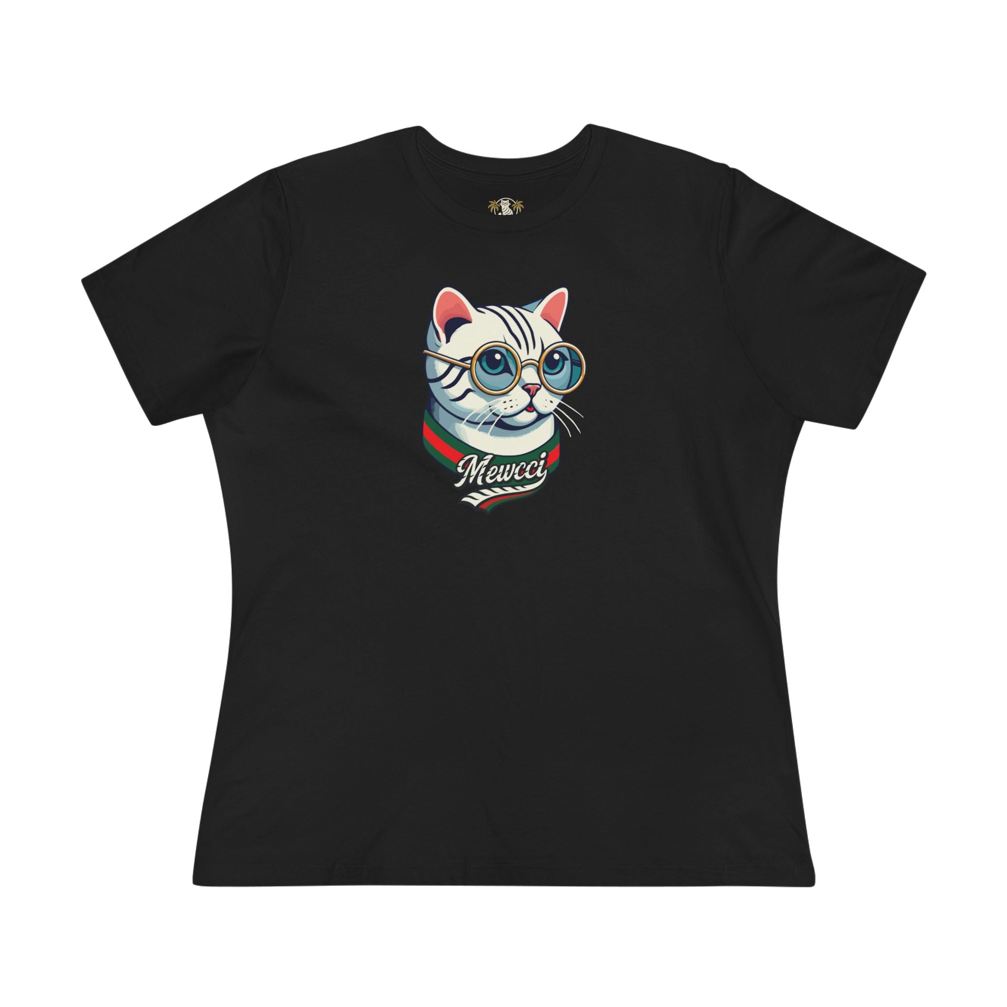 Mewcci Cat Icon Graphic Women's T Shirt, black cat tee shirt front view