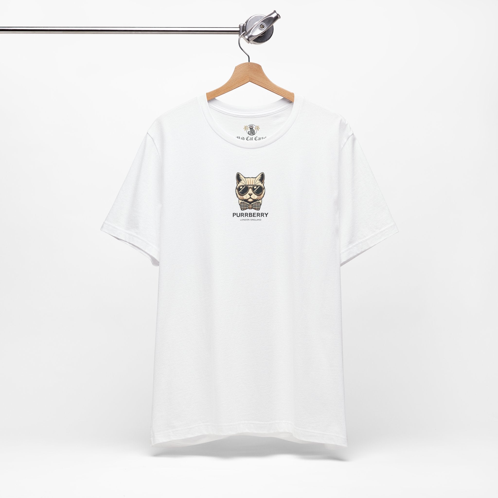 hanging purrberry london mini crest cat graphic t shirt white unisex cat lover t shirts
