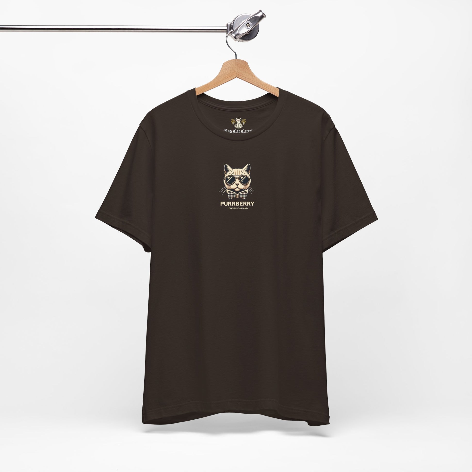 hanging purrberry london mini crest cat graphic t shirt brown unisex cat lover t shirts
