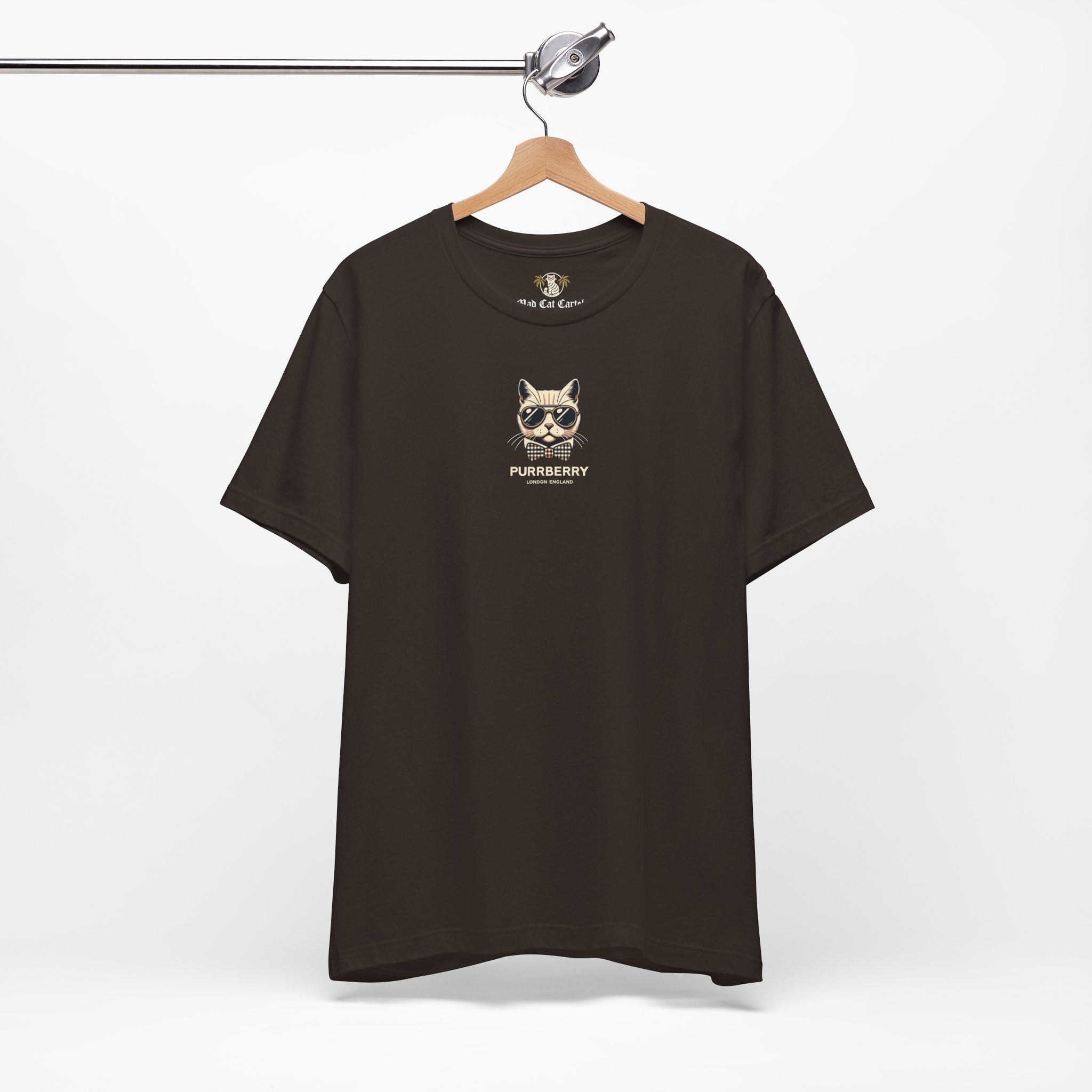 hanging purrberry london mini crest cat graphic t shirt brown unisex cat lover t shirts