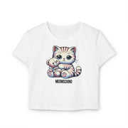Meowschino Teddy Hug Cat Graphic Women's Baby Tee, graphic baby tee white front view