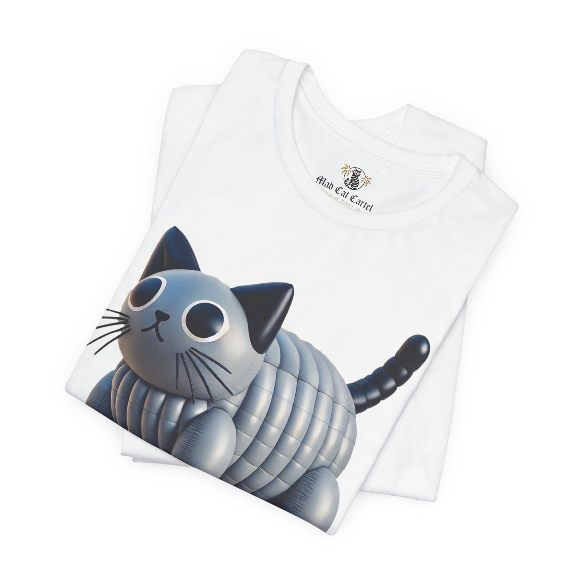 Folded White Pawlenciaga Cat Balloon Graphic T Shirt close up cat on a shirt
