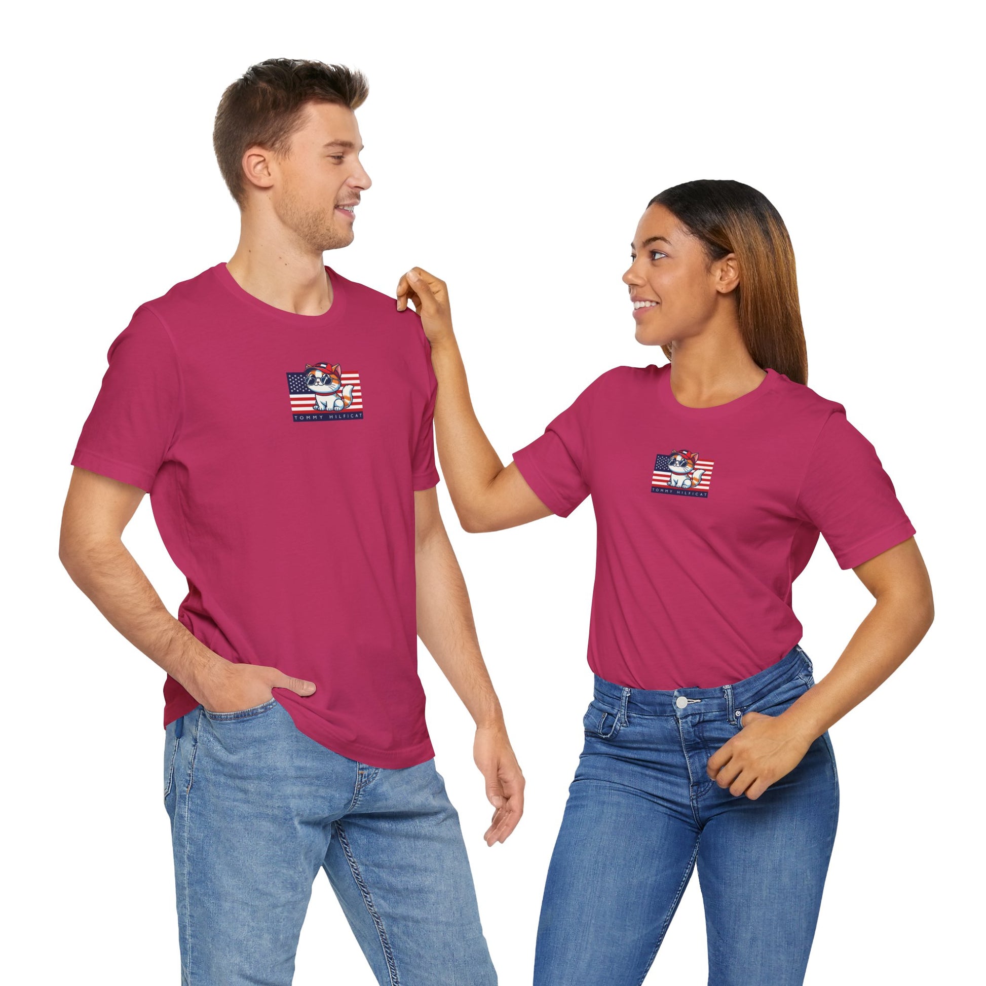 male and female models wearing Pink Berry Tommy Hilficat Cat Graphic T Shirts, cat lover t shirts