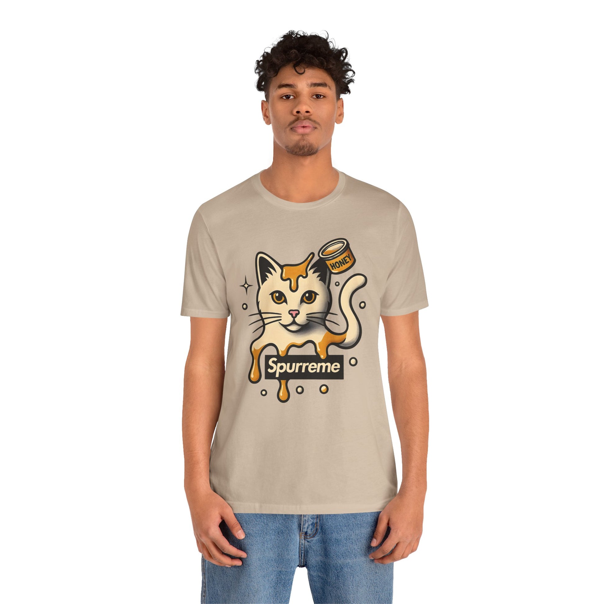 Model wearing tan cat graphic t shirt – mens cat shirts
