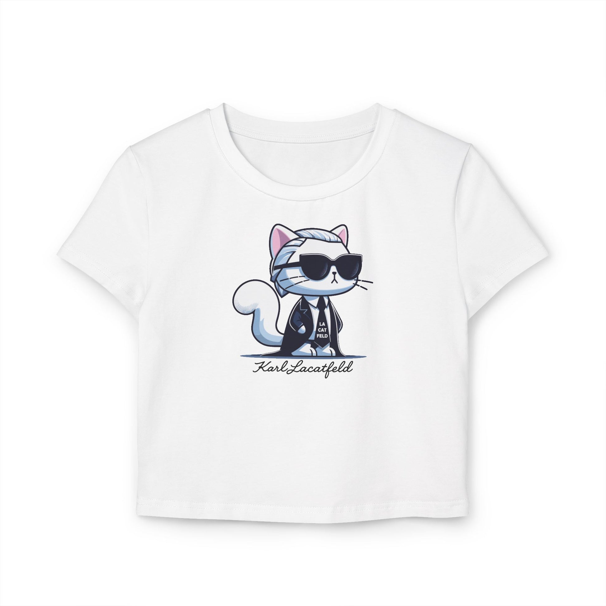 Karl Lacatfeld Executive Meow Icon Women’s White Baby Tee flat front view