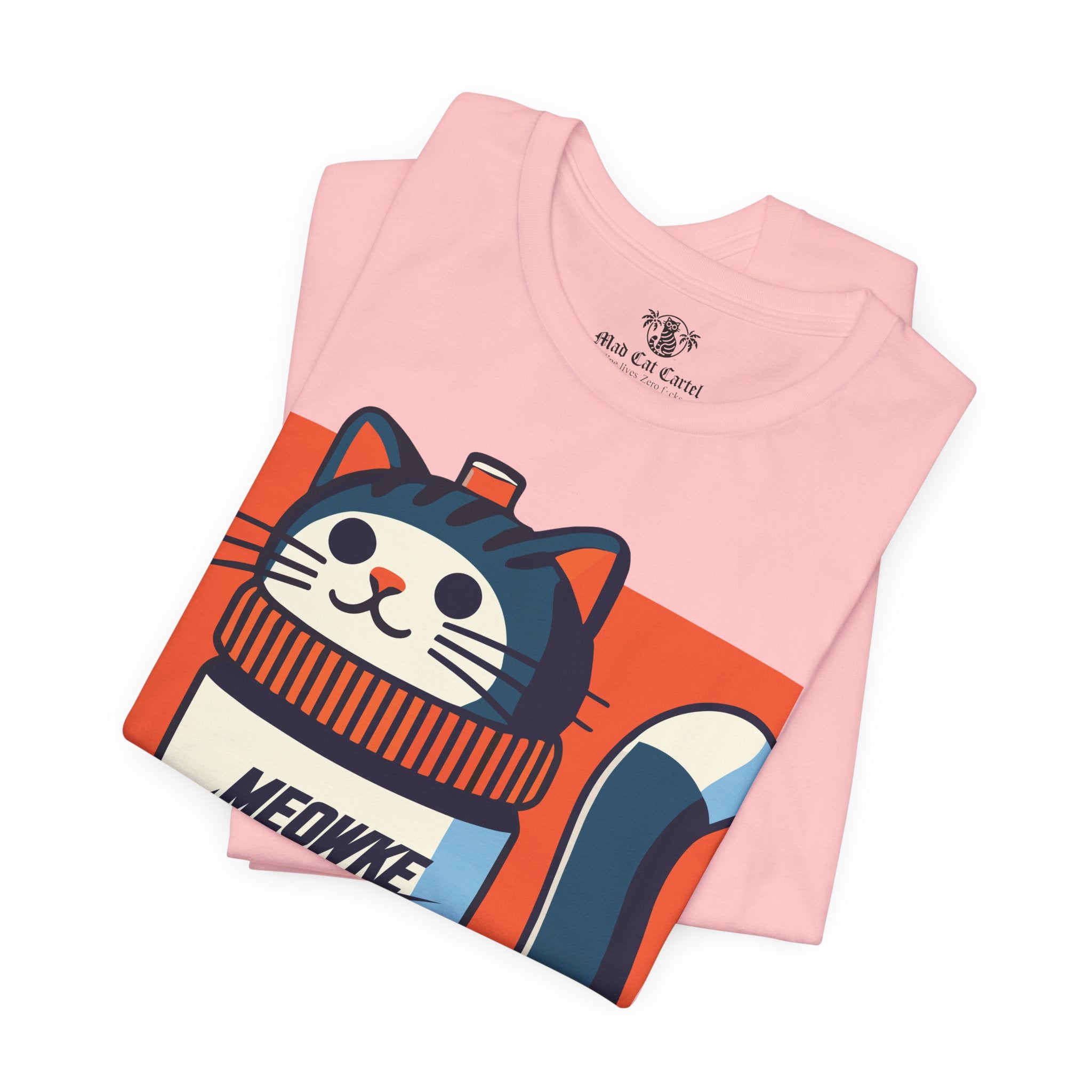 Funny cat shirt for men and women – pink unisex tee, folded front view, Meowke Swoosh bottle cat graphic