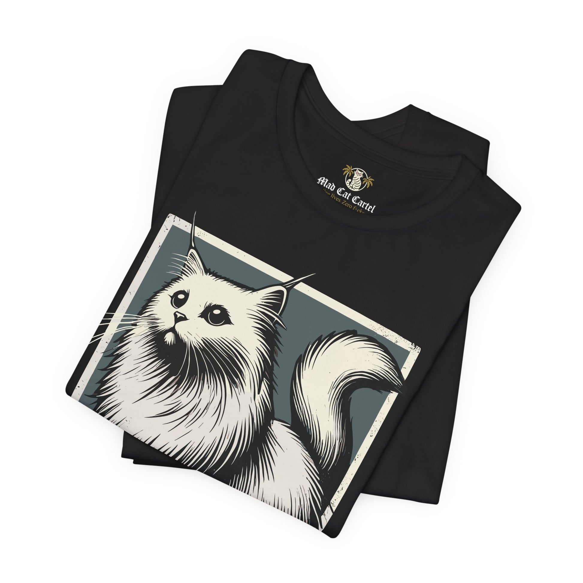 Folded black Purrada Exclusive Milano Cat Graphic T Shirt, cat graphic tee for men and women