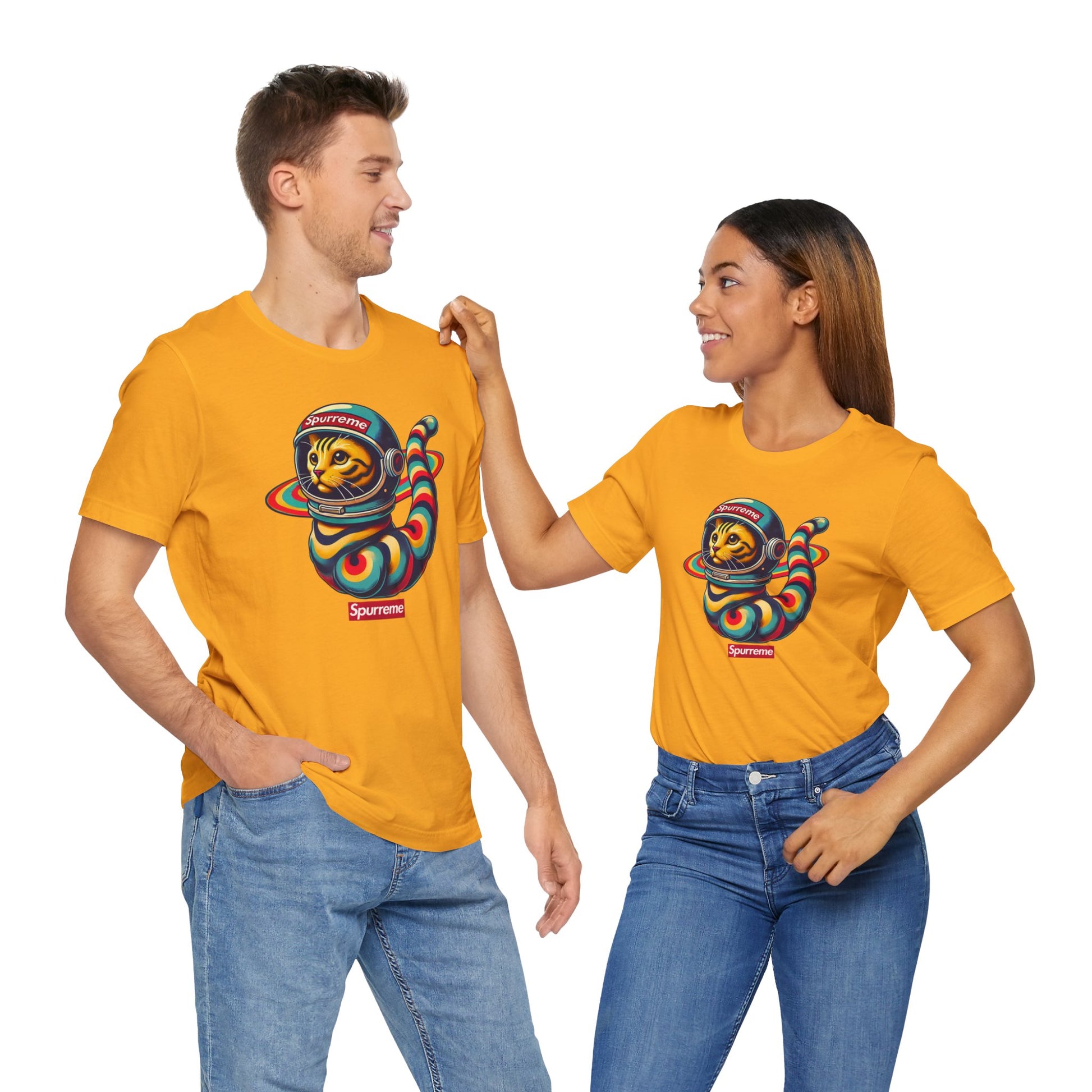 Gold t shirt couple model wearing space cat shirt