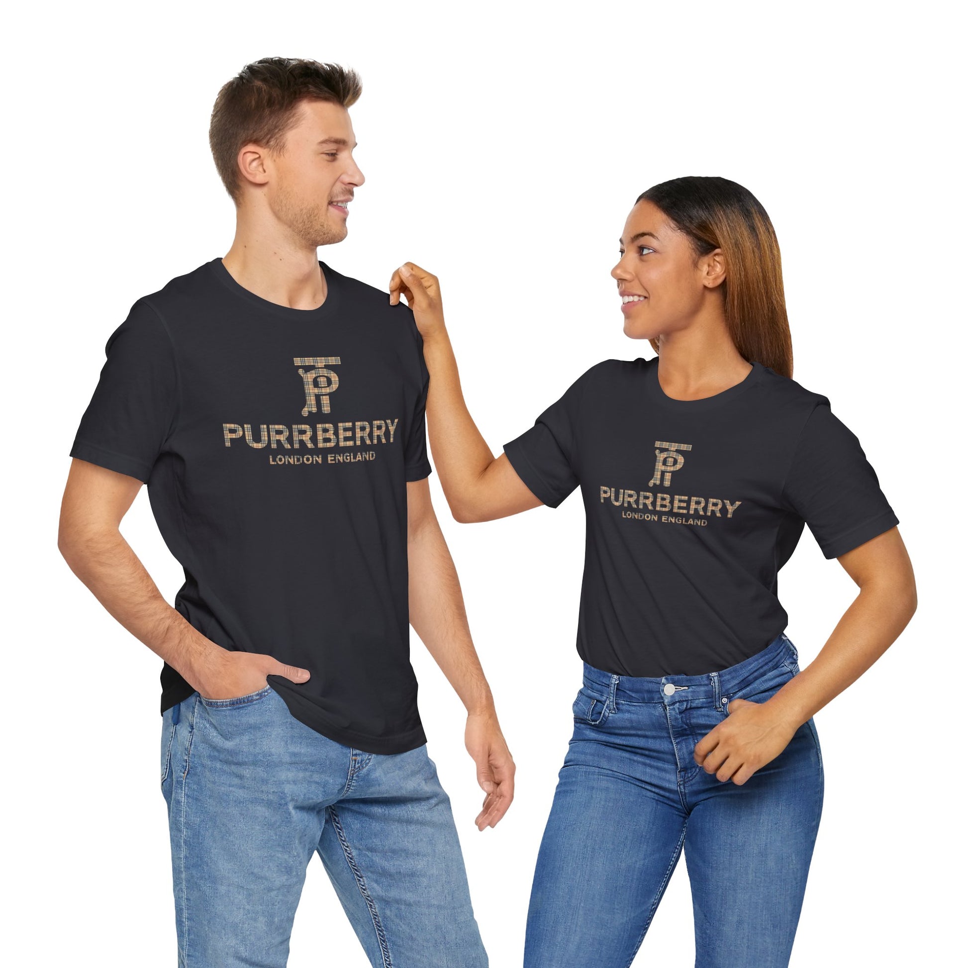 couple wearing purrberry london coat club cat graphic t shirt black parody t shirts