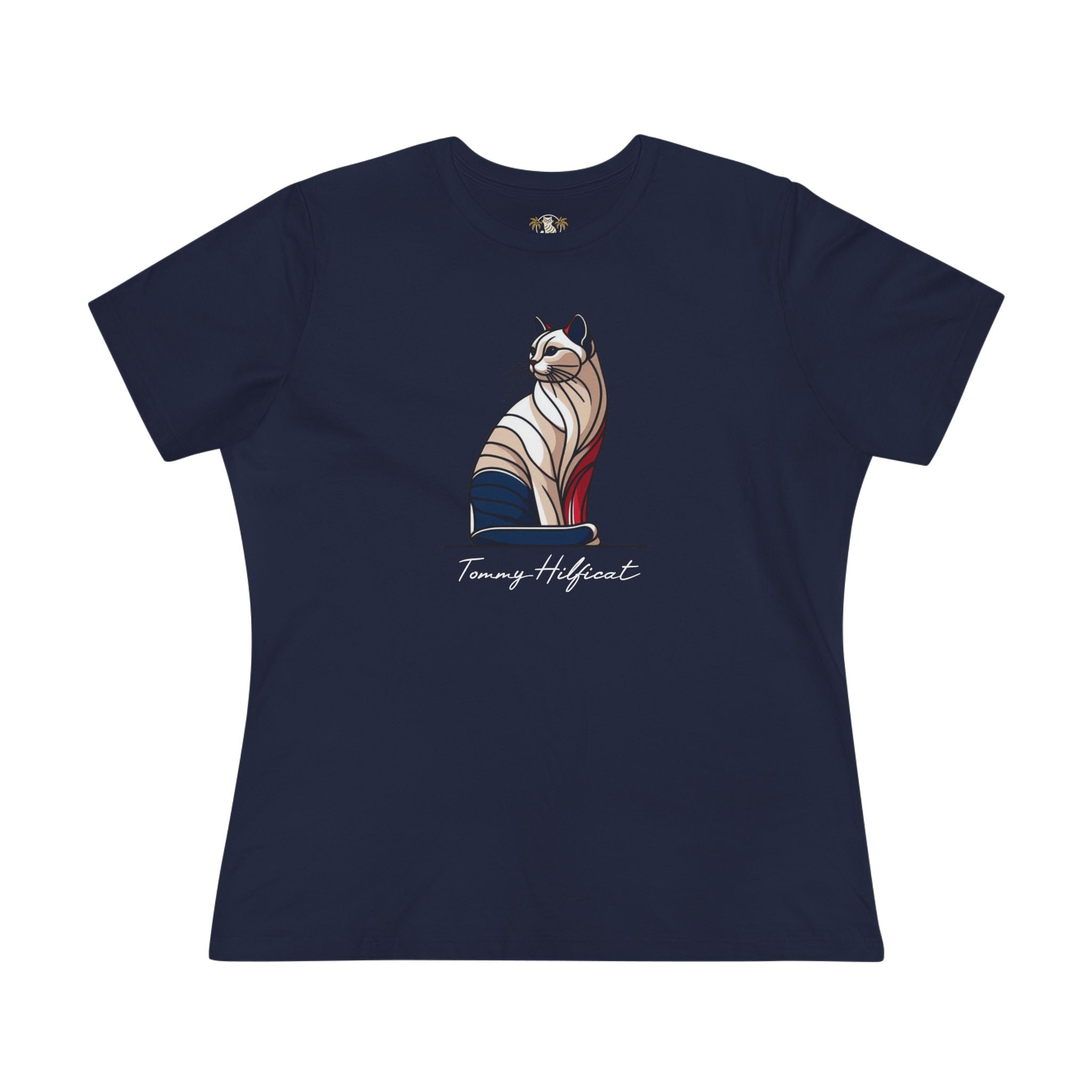 Tommy Hilficat The Sitting Icon Women's T Shirt in Navy Blue, t shirts with cats