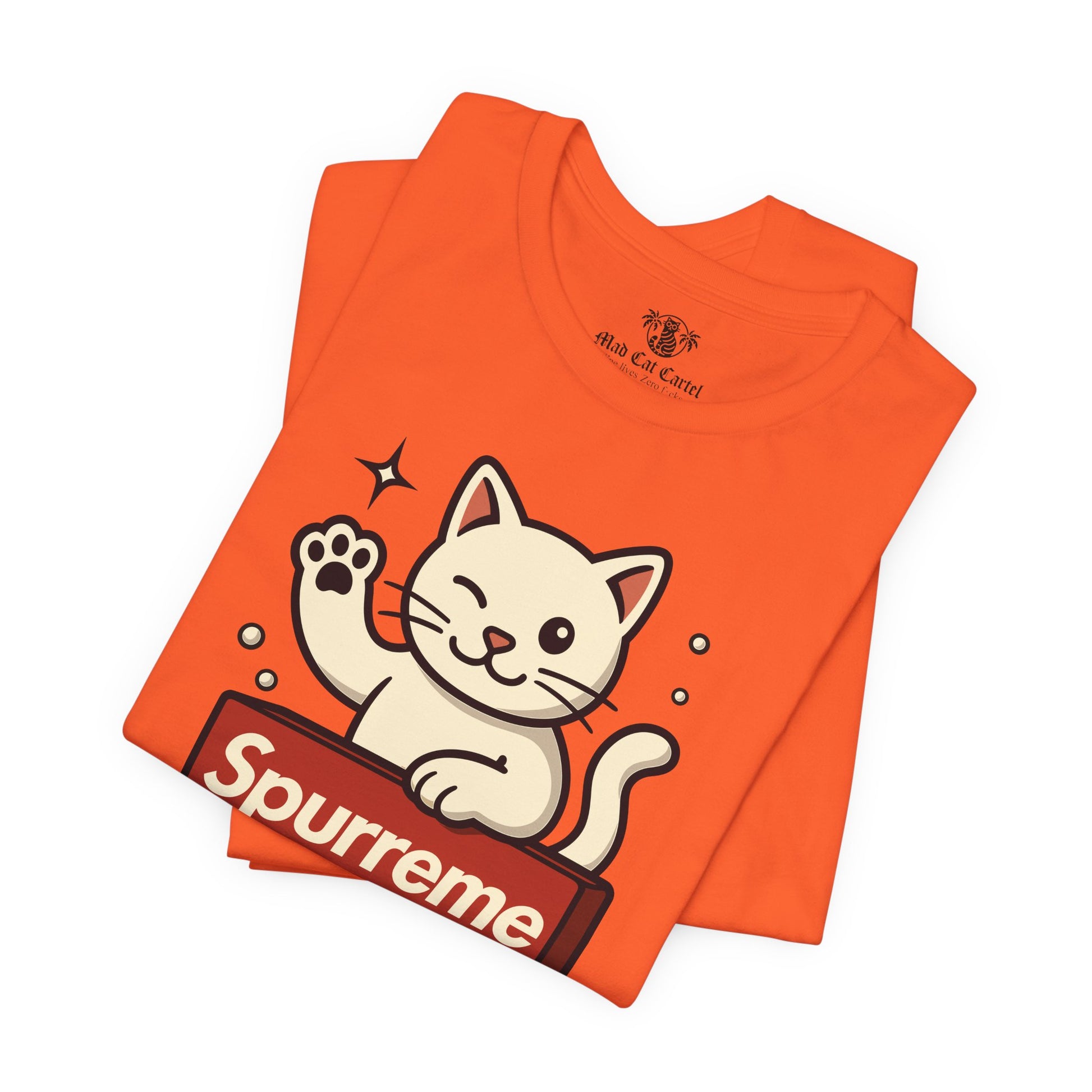 Orange t shirt folded flat lay Spurreme Lucky Cat Box Logo Graphic