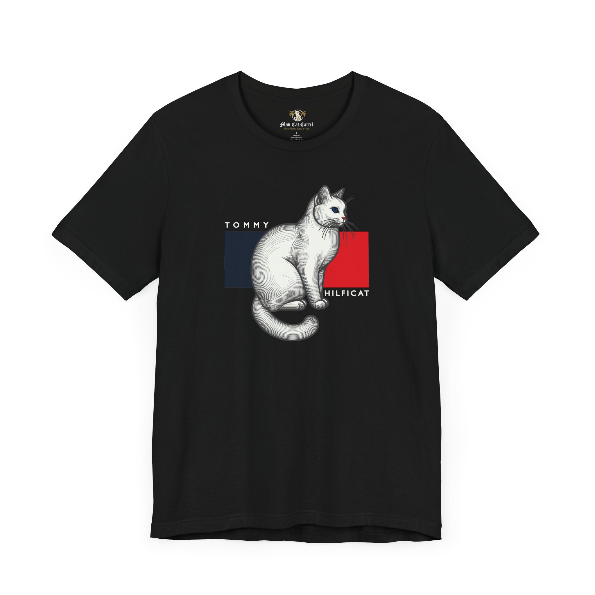 Black Tommy Hilficat Classic Flag Cat Graphic T-Shirt – funny cat apparel flat lay front
