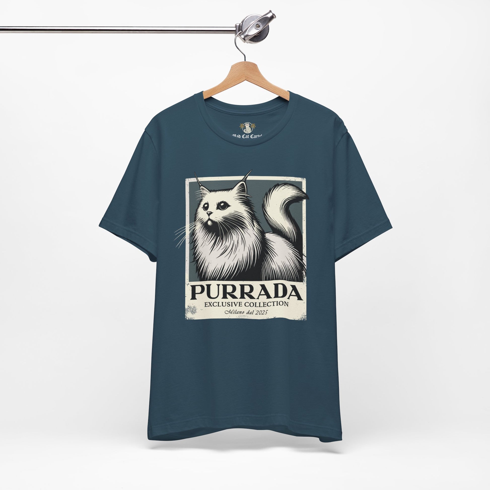 Back view of deep teal Purrada Exclusive Milano Cat Graphic T Shirt on hanger, shirts for cat lovers
