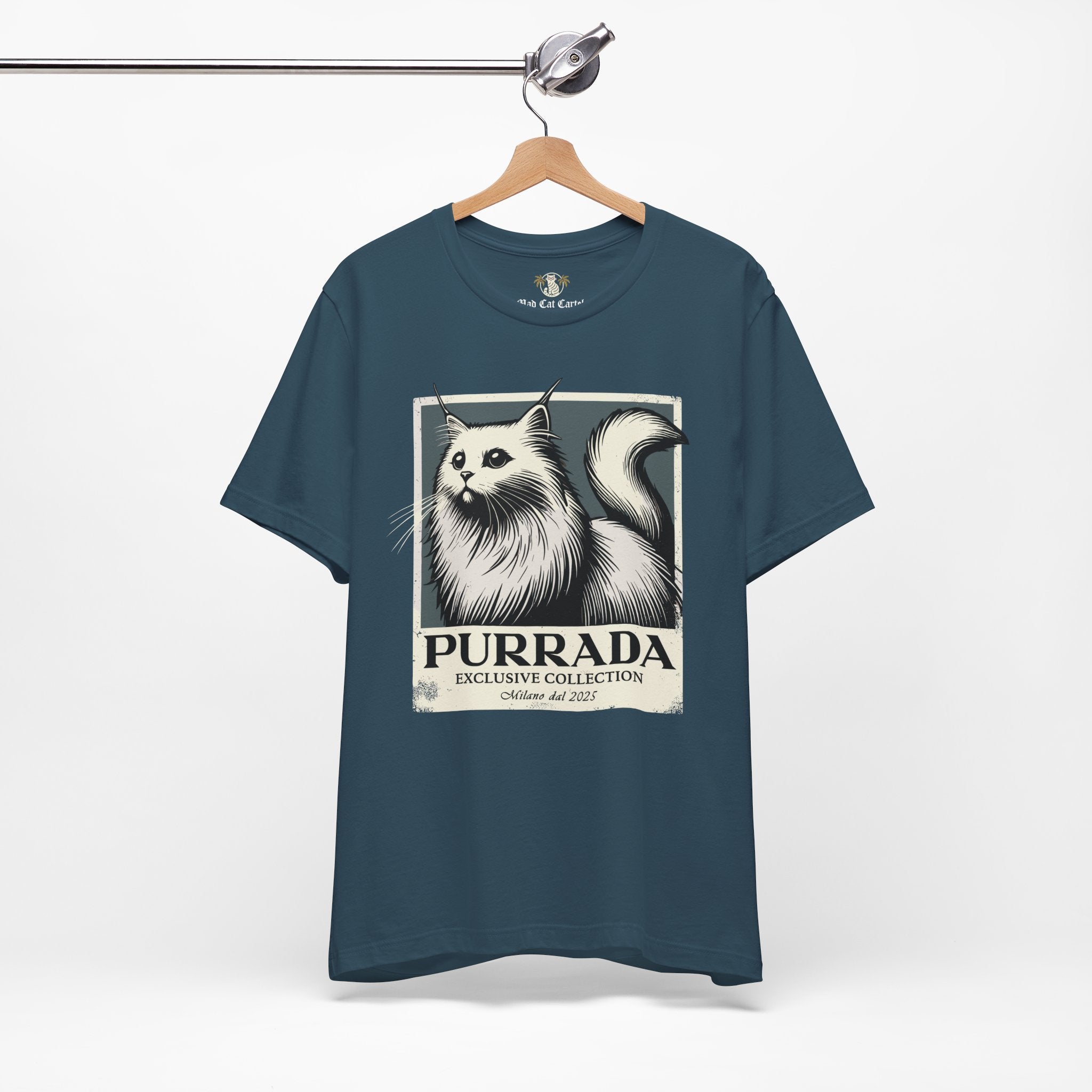 Back view of deep teal Purrada Exclusive Milano Cat Graphic T Shirt on hanger, shirts for cat lovers