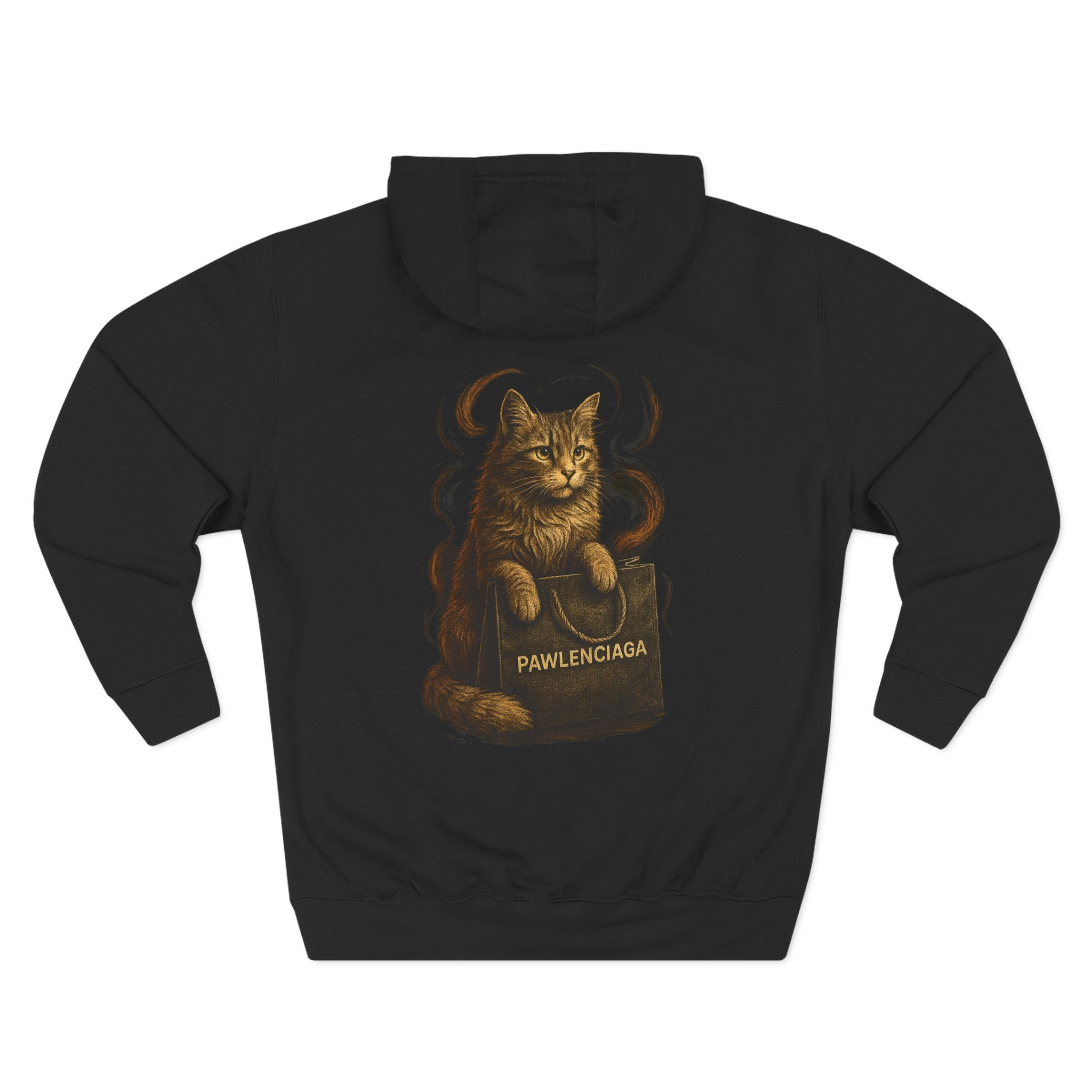 Back view of Pawlenciaga Cat Graphic Black Hoodie, black hoodie for cat lovers