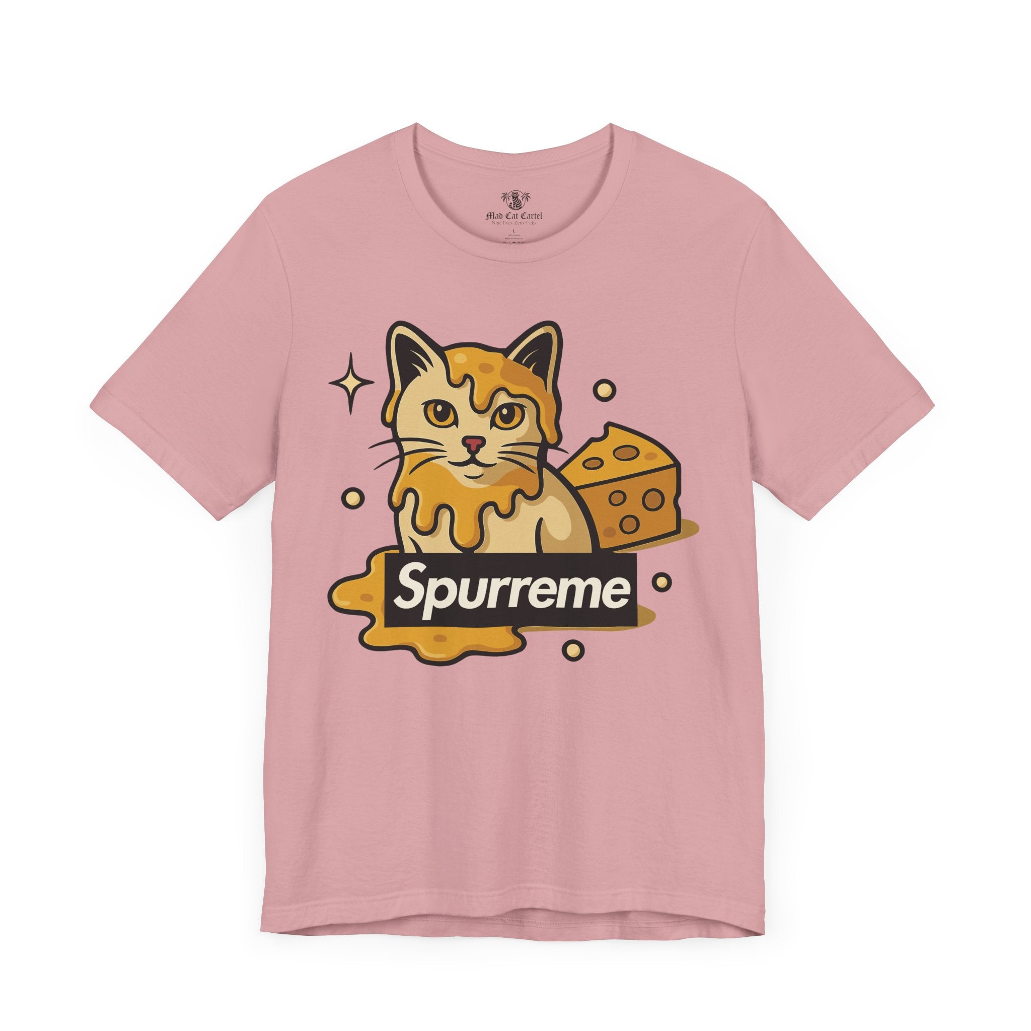 Orchid pink t shirt front view Spurreme Cheddar Cat Drip Graphic