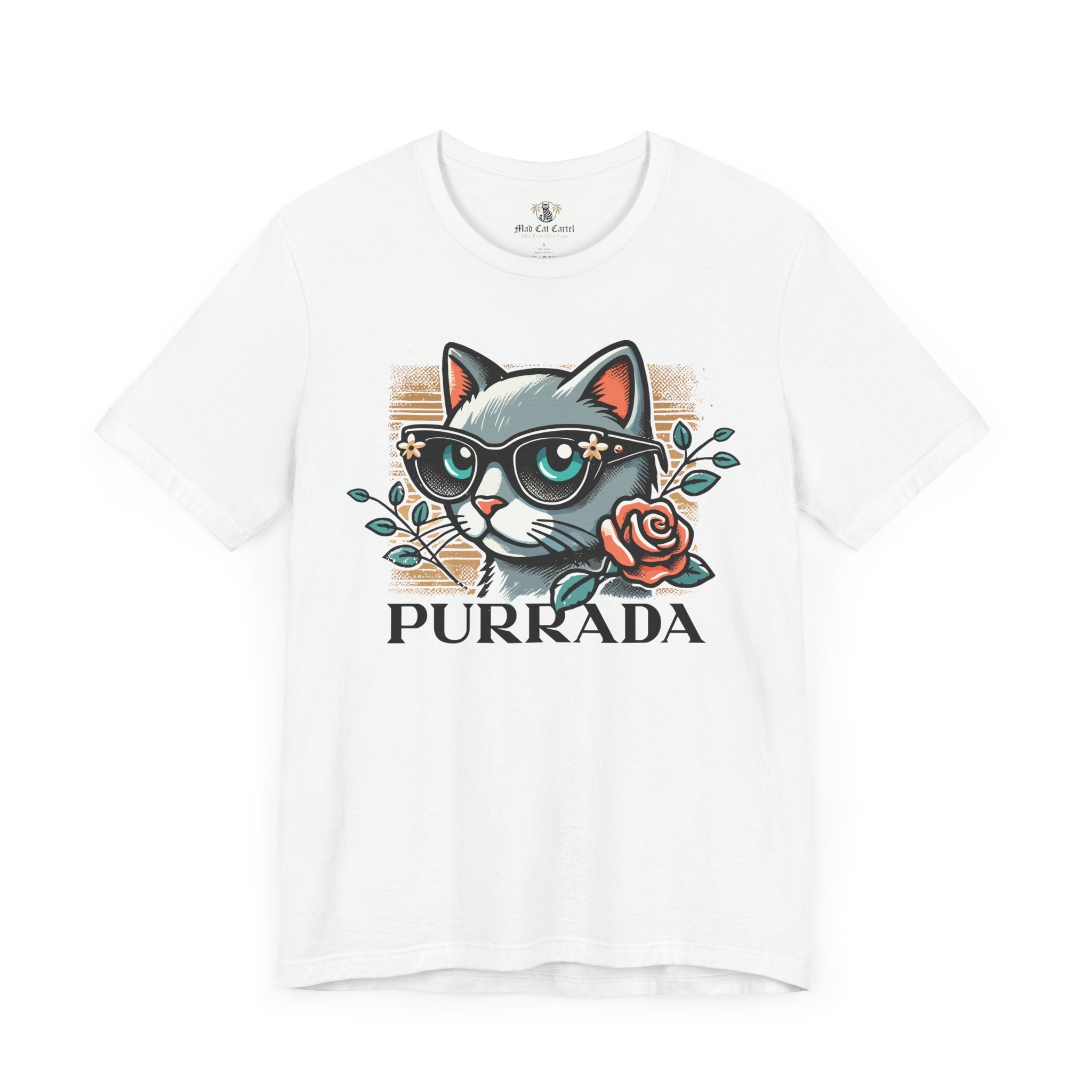 Purrada Designer Bloom Cat Graphic White T Shirt, white graphic shirt for men and women