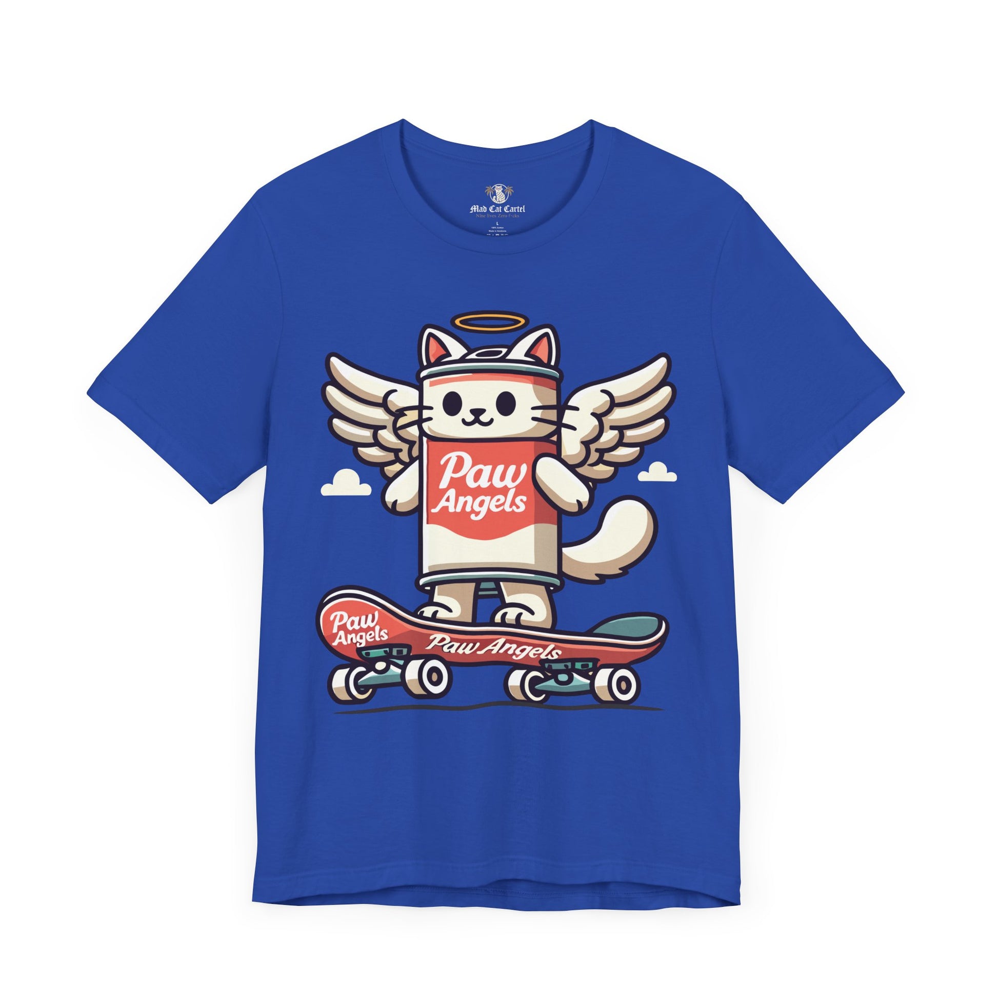 Royal Blue Paw Angels skate t shirt front – funny cat t shirts for guys