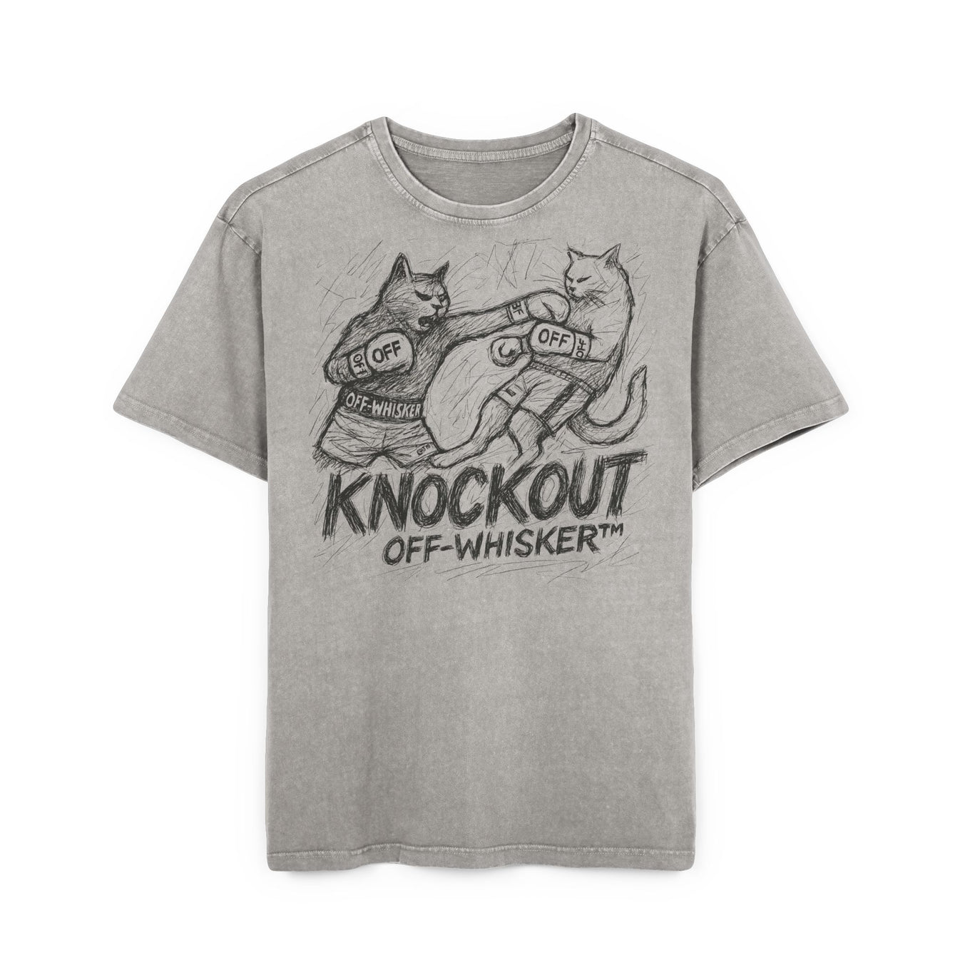Off-Whisker Cat Knockout Acid Washed Oversized T-Shirt Gray, funny t-shirts for men front view