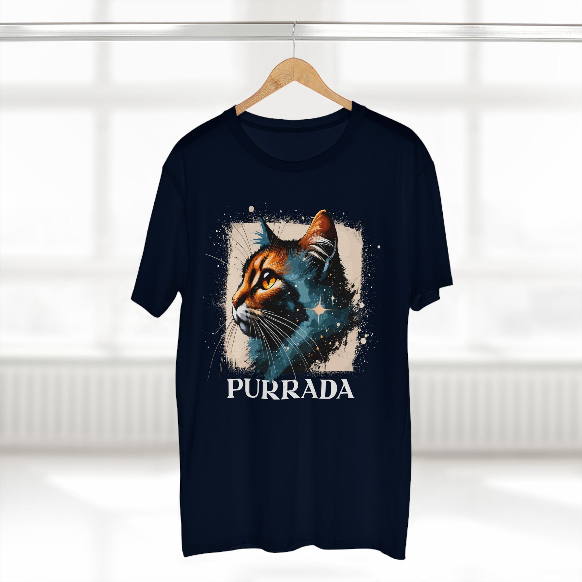 Black Purrada Cosmic Gaze Cat Graphic T Shirt on hanger, space cat shirt unisex