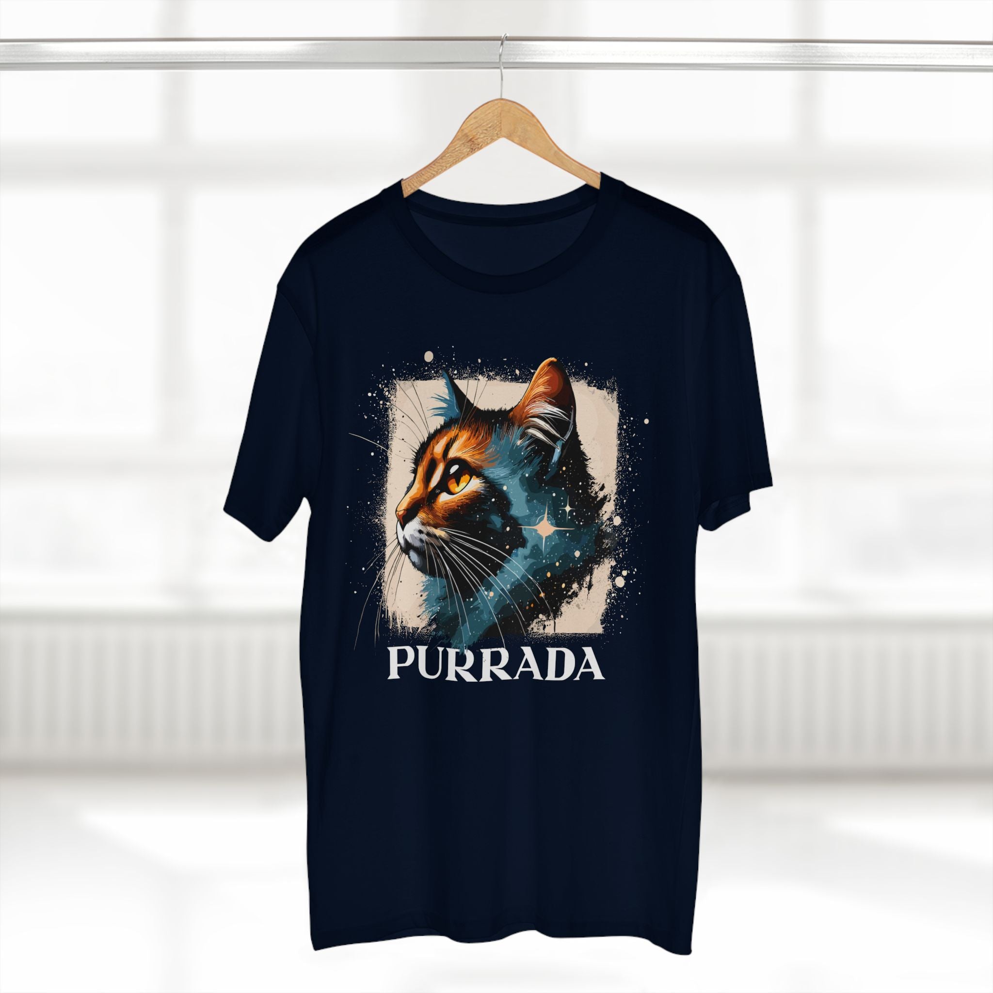 Black Purrada Cosmic Gaze Cat Graphic T Shirt on hanger, space cat shirt unisex